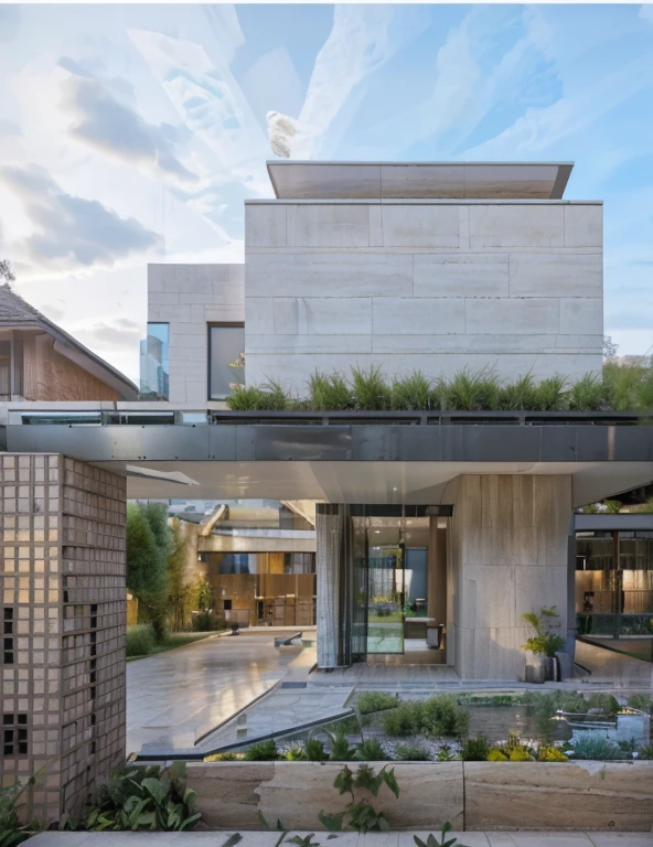 (masterpiece),(high quality), best quality, real,(realistic), super detailed, (full detail),(4k),8k,modern house exterior design,Modern architecture,Sandstone,whitewall,Beautiful_sky,Day light, no_humans, outdoors,sky,tree,Garden flower front of building,