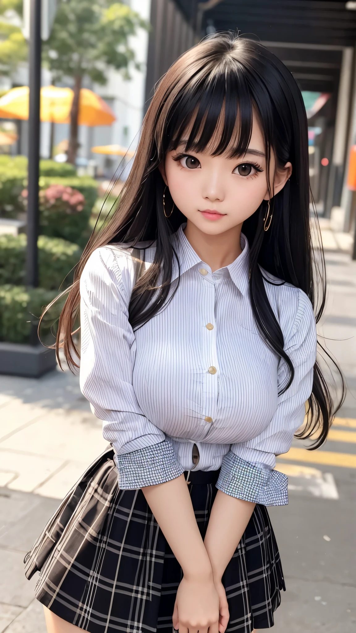 Detailed face、highlight、Asian Girl、thigh、Tabletop、breast enhancement、Bodyline、Black Hair、Heavy bangs、Checkered Skirt、White blouse、Support your chest with your hands、
