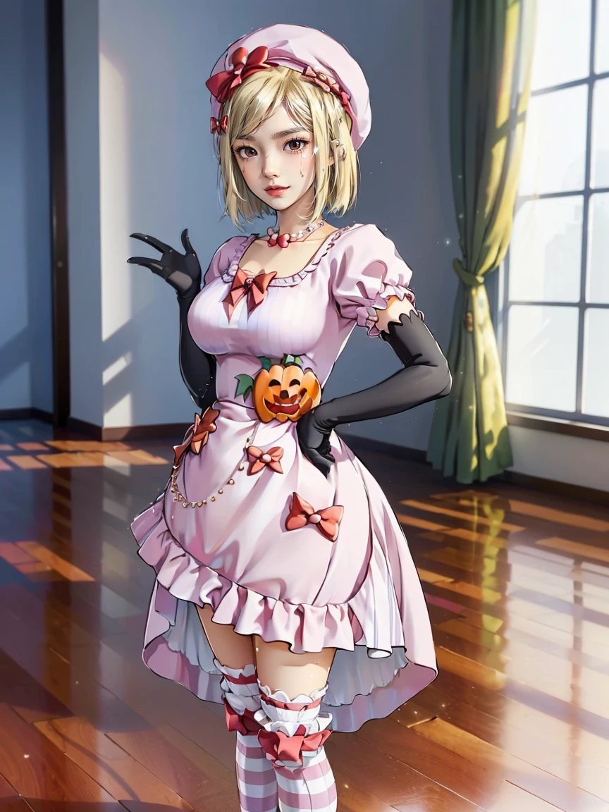 (1 lady), The beautiful, (Best quality at best:1.4), (ultra - detailed), (extremely detailed CG unified 16k), gold blonde hair, very detailed, High-definition RAW color photo, professional photoshooting, amazing face and eyes, cosmetics, (amazingly beautiful girl), ((lambdadelta, tall woman, taller)), ((dress, shoes bow, red shoes, striped stockings, red bow, pink hat, necklace, gloves, pearl, pumpkin brooch, pink dress)), (standing split, sexyposture),(White room, sun light, windows lights:1.3), (look from down), realistic cinematic face, head to feet long wide zoomed out view, full body long view, photorealistic, ((realistic natural blonde hair style, honey eyes)), gorgeous, extremely beautiful face, perfect model beauty, pout mouth, flirting smile, cleavages, city girl, western, shopping in the city, (masterpiece), best quality, high resolution, extremely detailed, blurred background, depth of field, cinematic lighting, (amazing legs, strong legs, athletic legs), high heels, clear and well-cared skin