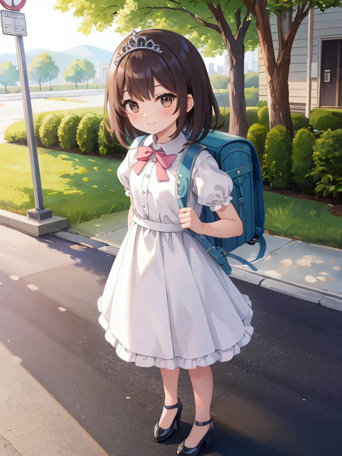 masterpiece, best quality, high resolution, extremely detailed, detailed background, cinematic lighting, 1girl, looking at viewer, bowtie ribbon, wear high heels, dress, princess dress, puffy dress, pink and white dress, standing, wear tiara on heads, short sleeves, looking at viewer, grass, medium hair, smile, brown hair, puffy sleeves, outdoors, puffy short sleeves, bangs, full body, wearing school backpack, (school backpack:1.2), white dress, sunlight, brown eyes, dappled sunlight, day