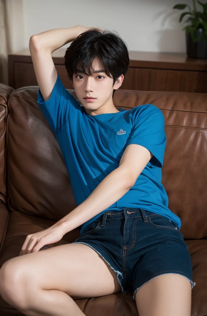 One beautiful boy、Japanese、Cute Boys、Dark Eyes、Black Hair、18 years old、Blue short-sleeved shirt、Blue shorts、Lying on the sofa、