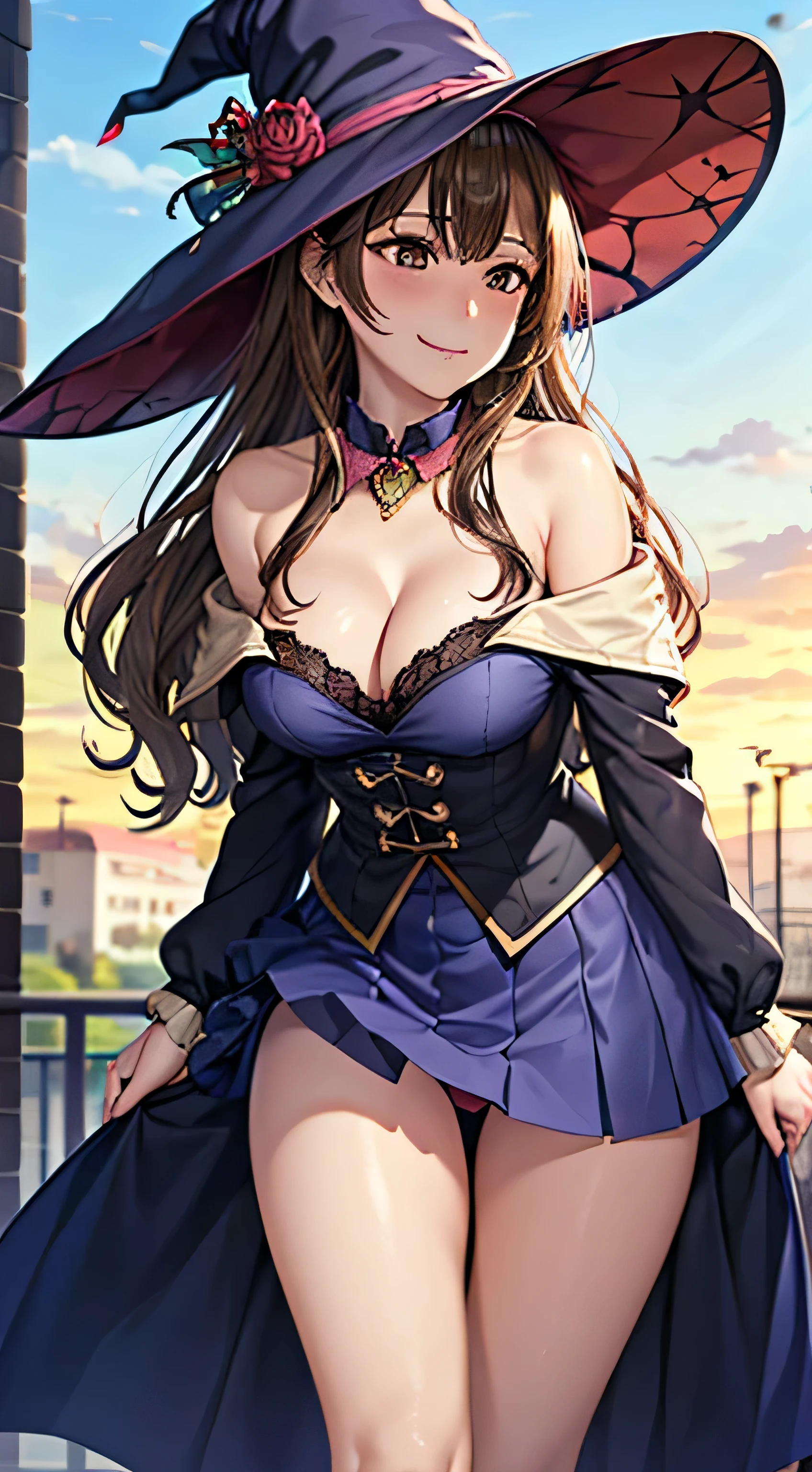 ((Tabletop, highest quality, High resolution, , Pixel Perfect, 4K, ))), Beautiful woman,, alone, beauty、The whole body is visible、 (((Sexy Witch Cosplay), Long dark blonde wavy hair、Off-the-shoulder jacket, Dark blue flared skirt、Witch Hat、, bangs, )), ((Brown eyes, Beautiful eyelashes, Realistic eyes)), ((Detailed face, Blushing:1.2)), ((Smooth texture:0.75, Realistic texture:0.65, Realistic:1.1, Anime CG Style)), Center of chest, Dynamic Angle, Perfect body, ((,)), Leaning forward、、、Very embarrassing panic smile, 、Castle Town Square、(The wind flipped up her skirt, Pink lace panties are in full view、、、、、)、Angle from below