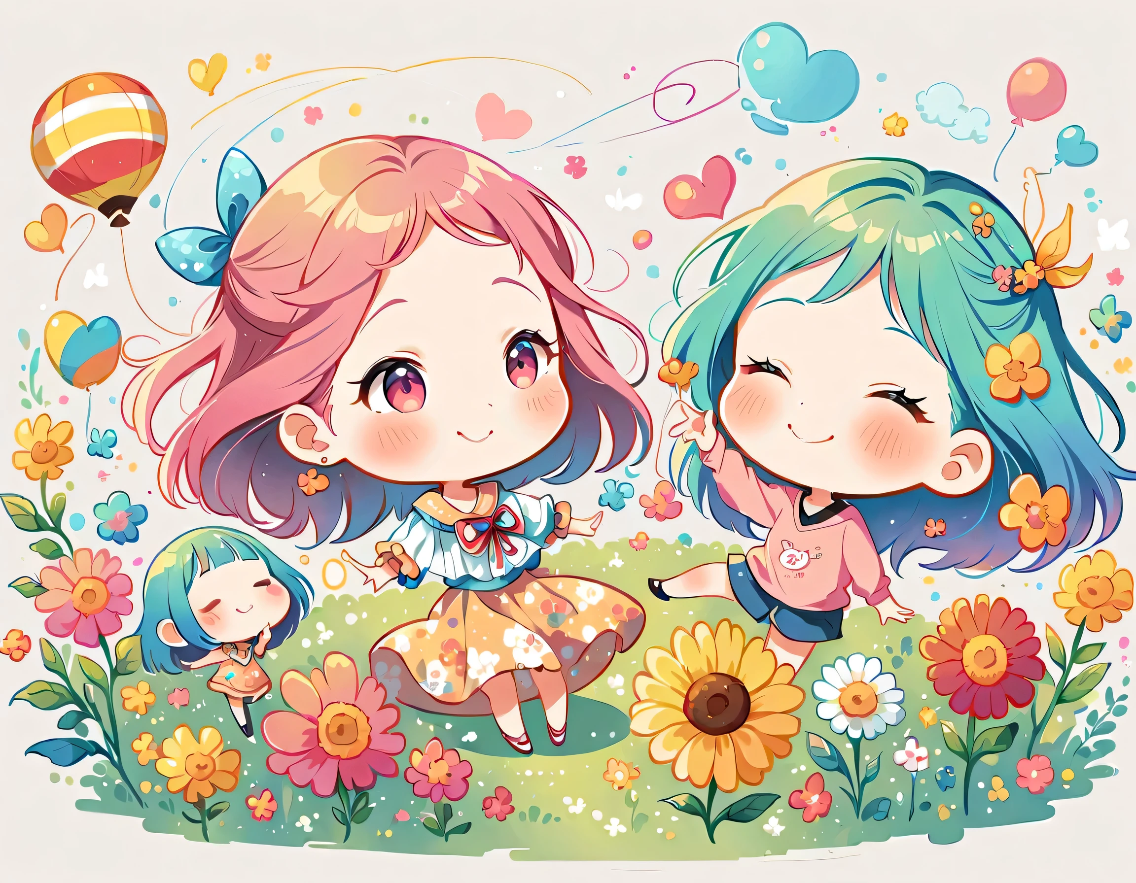 Hayao Miyazaki style, kawaii design,Dreams and Hopes,Simple Line Initialism,Abstract art,Urban Background, (((The most beautiful girl))), (((chibi))), picnic, colorful flowers, Colorful and cute pillbugs, dream and hoops