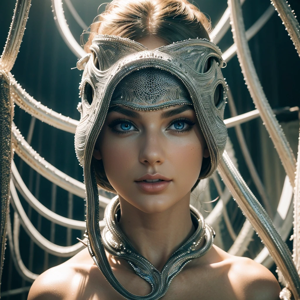 1 girl in a silver sexy exploration bikini, gorgeous woman, beautiful detailed eyes, beautiful detailed lips, extremely detailed eyes and face, long eyelashes, tentacle vines, enormous man eating maw, alien landscape, man-eating plants, 50s sci-fi, cinematic lighting, dark moody atmosphere, vivid colors, photorealistic, highly detailed, 8k, best quality, masterpiece (show her entire body, show all of her, full body shown)
