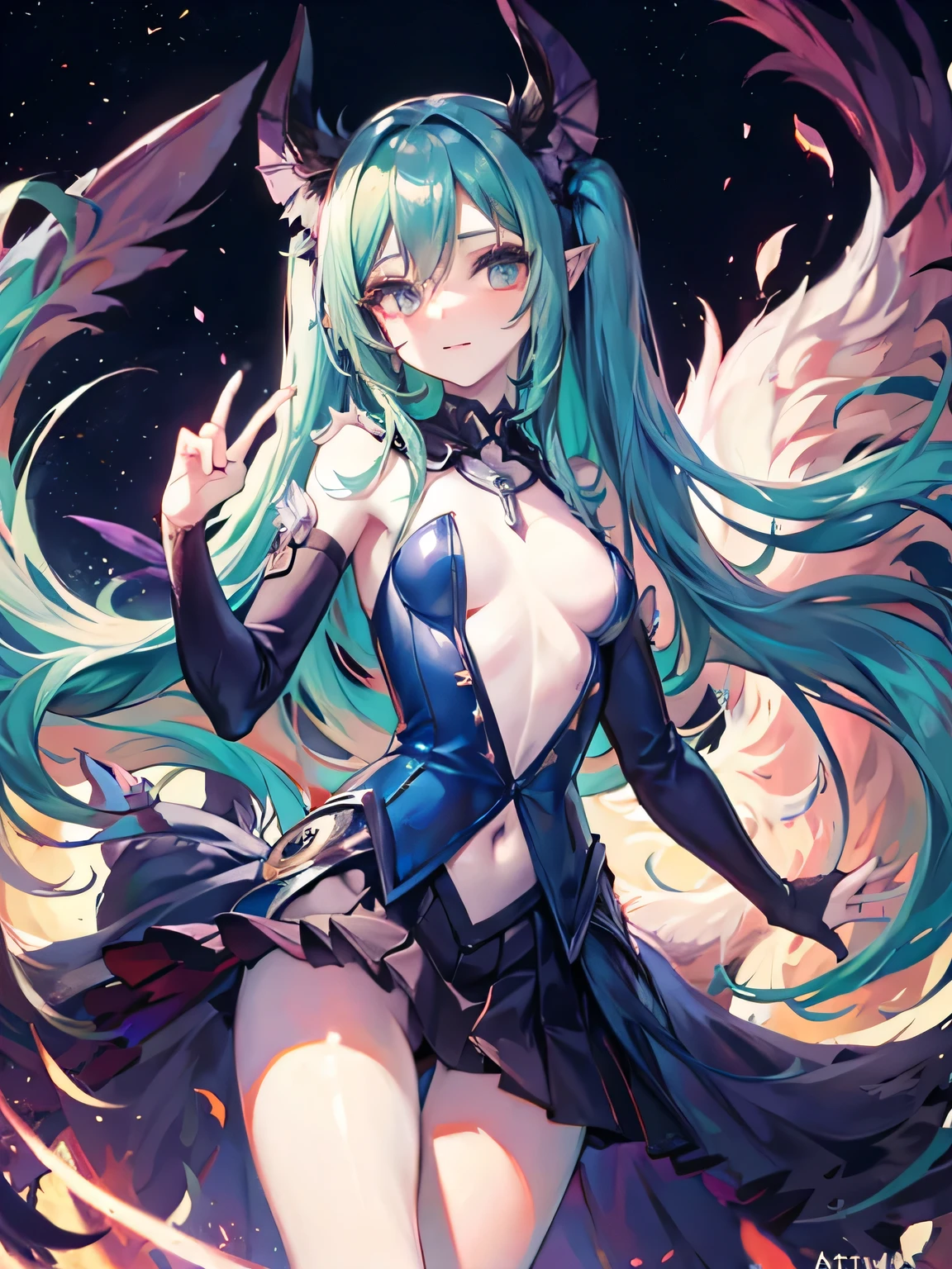 Hatsume miku x suicune ,ojos hermosos ((alta definicion)), fenix girl,art by dark natasha, jardin zen, art by dark natasha,  art by vixen aztra, cuerpo completo, ventido de demonio, alas de diablo, cintura delgado, caderas amploas, piernas torneadas, hermosa, HD face, cosmic space, sensual clothes