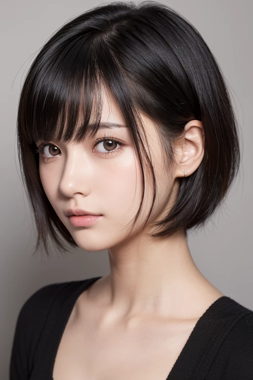(Photos taken with a smartphone, High resolution:1.3, Photorealistic, Best image quality: 1.4), Japanese, (One Girl), Beautiful Face, (A vivid face), (Black-haired、short hair:1.3), Beautiful Hairstyles, Realistic eyes, Beautifully detailed eyes, (Realistic Skin), Beautiful skins, attractive,  Surreal, High detail, Golden Ratio, Highly detailed cute girl,(20-year-old), loose front of neck