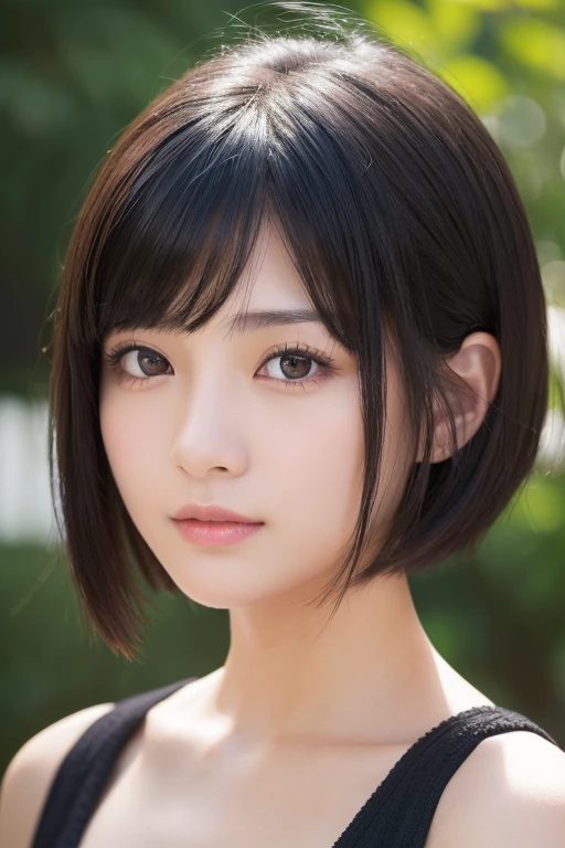 (Photos taken with a smartphone, High resolution:1.3, Photorealistic, Best image quality: 1.4), Japanese, (One Girl), Beautiful Face, (A vivid face), (Black-haired、short hair:1.3), Beautiful Hairstyles, Realistic eyes, Beautifully detailed eyes, (Realistic Skin), Beautiful skins, attractive, Surreal, High detail, Golden Ratio, Highly detailed cute girl,(20-year-old), loose front of neck
