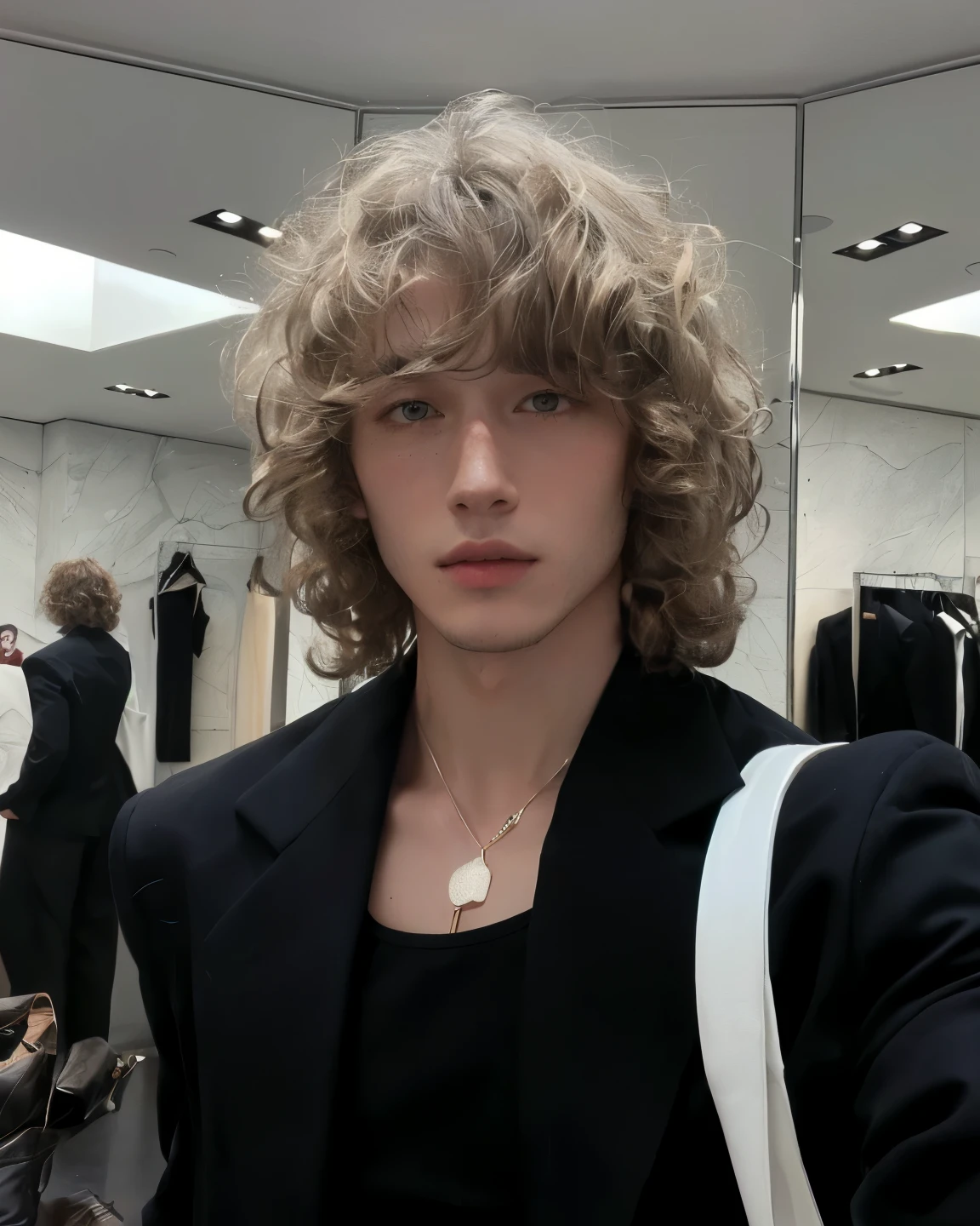 man with curly hair in a black suit and a white bag, he has short curly brown hair, pale skin curly blond hair, curly middle part haircut, with long curly hair, young handsome pale roma, curly blonde hair | d & d, male, very very curly blond hair