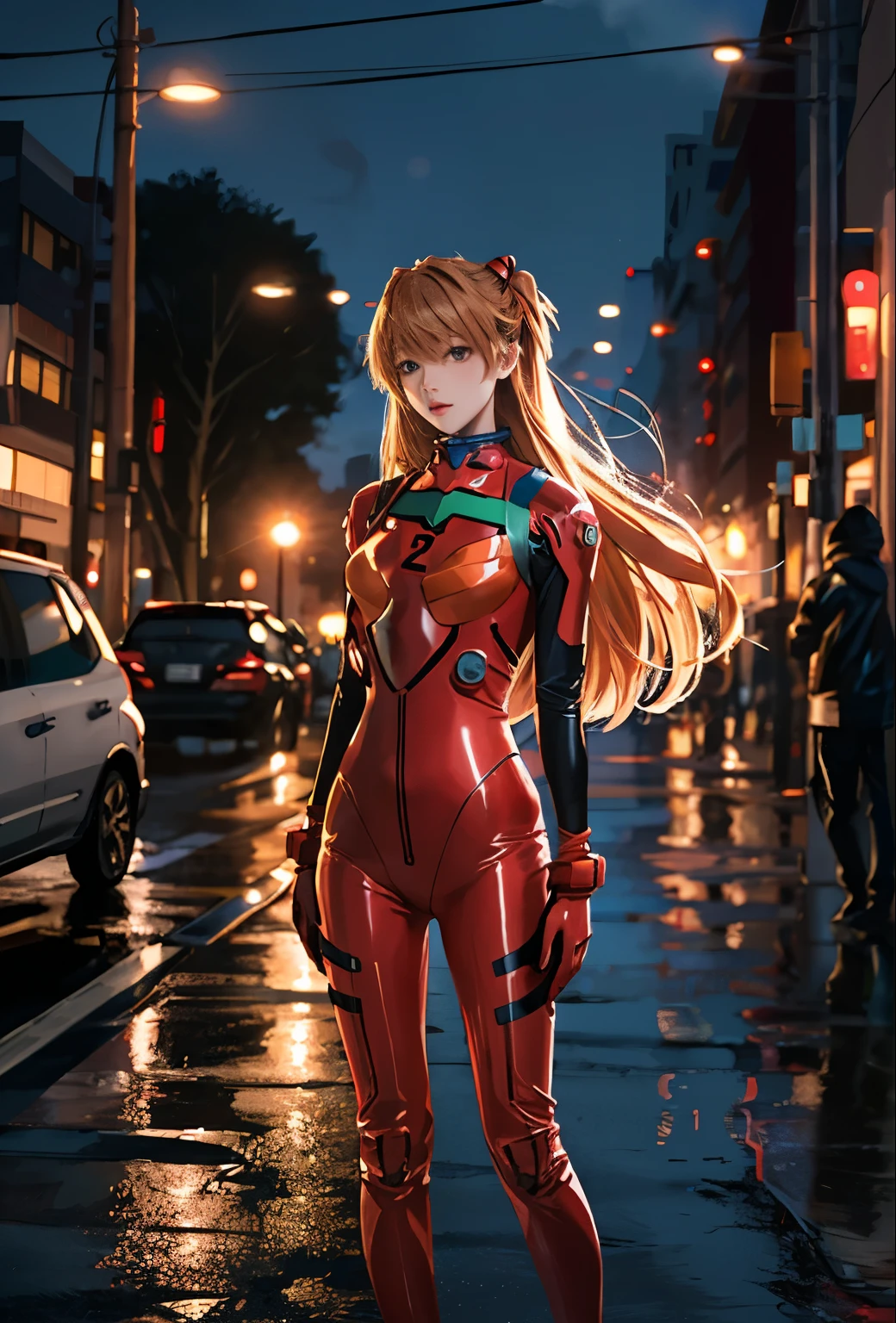 highest quality, kusubero redhead, Master Parts, Realistic, Realistic, 1 girl, alone, Show Viewer, whole body, Are standing, Long Hair, Asuka Fantasy, , Plug Suit, Bodysuits, hair ornaments, Detailed Background, On the street, morning, bright, rain,