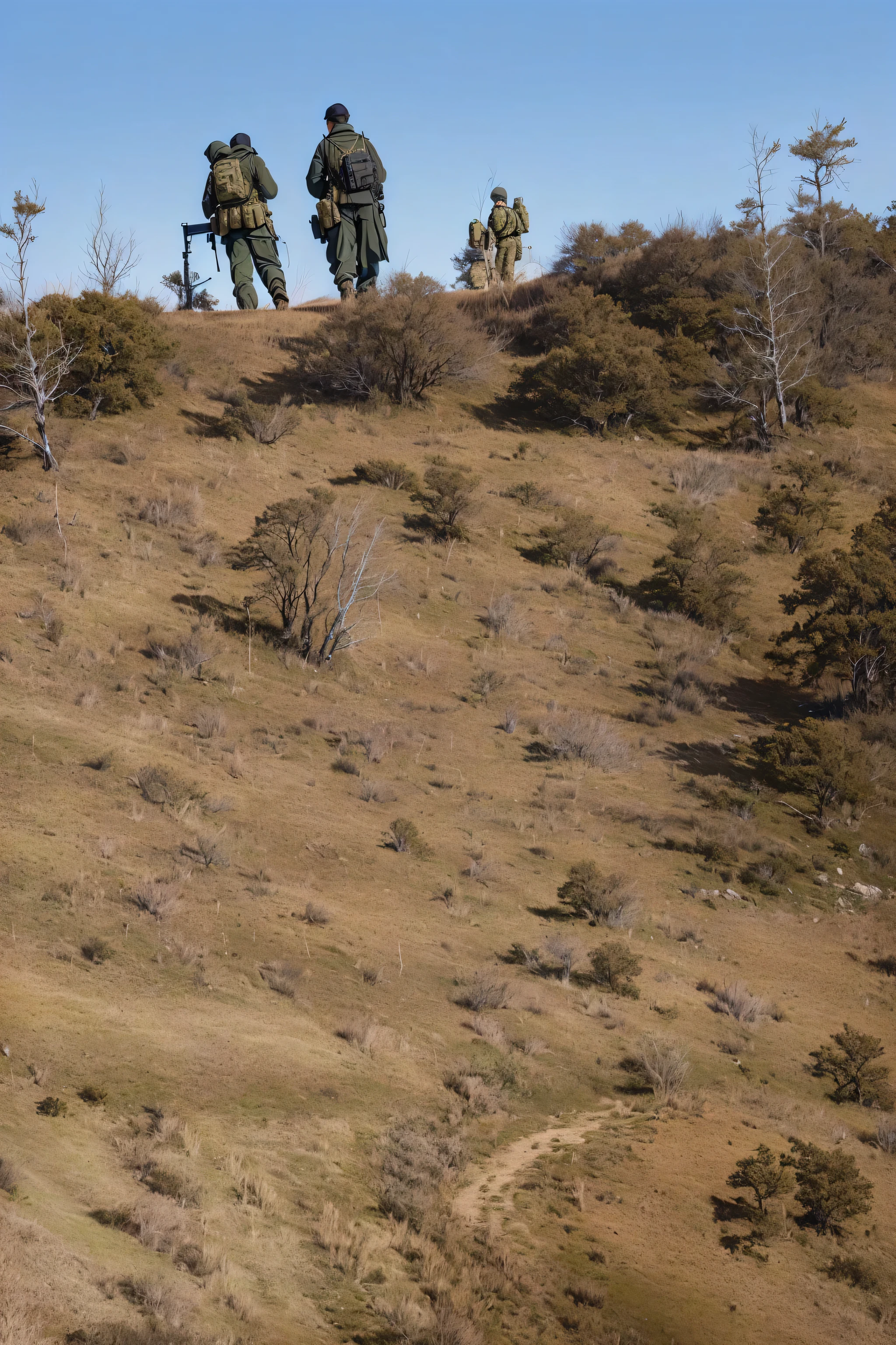 Two men and a dog walked up the hill, standing On the Hill, long shot, Troops are searching the area, On the Hill, shooting, Lone hunter in the wilderness, A man carrying a rifle, Hill with trees, Slightly sunny weather, hillside, hills, Carrying Mosin, on a green hill, On top of the hill, hunt