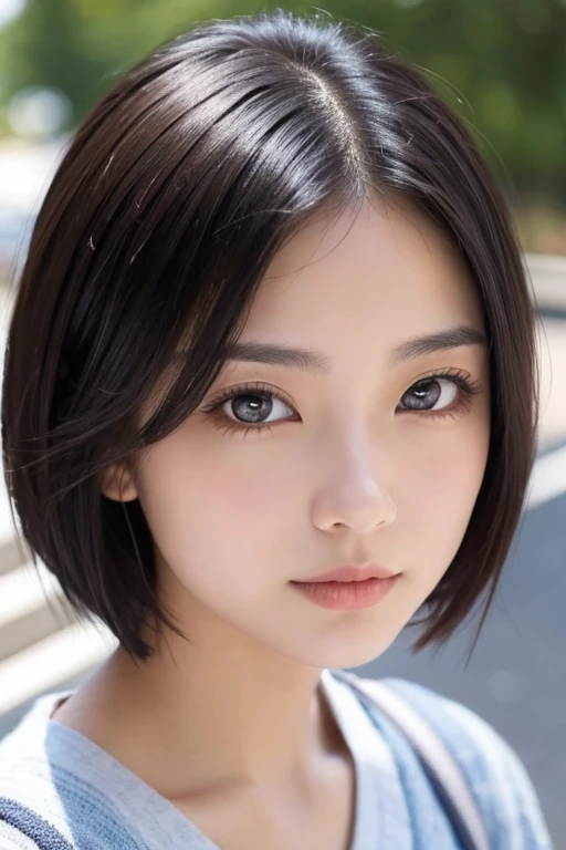 Photos taken with a smartphone, Japanese, (One Girl), Beautiful Face, (A vivid face), (Black-haired、short hair:1.3), Beautiful Hairstyles, Realistic eyes, Beautifully detailed eyes, (Realistic Skin), Beautiful skins, attractive, Surreal, High detail, Golden Ratio, Highly detailed cute girl,(20-year-old), loose front of neck