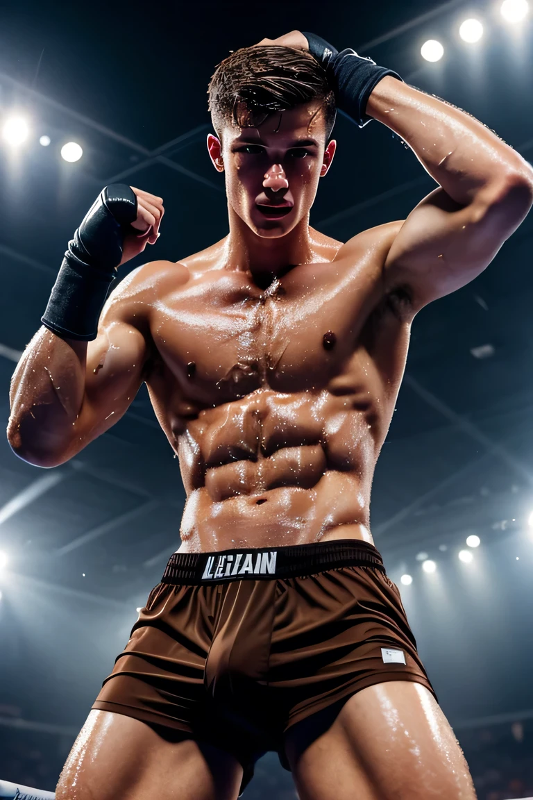 a lean, skinny, 20-year-old shirtless fierce Caucasian male wearing very-low-waist boxer shorts, brown hair, sweating profusely, drenched in sweat, sweating, gloves, in the arena