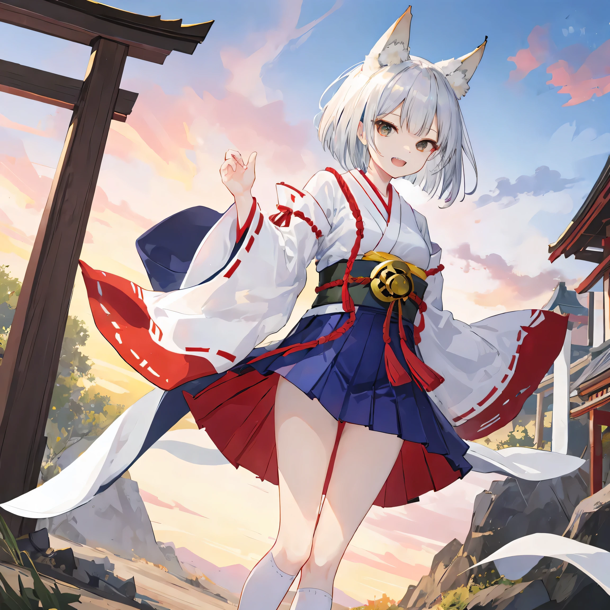 Toes of both feet(geta)Always draw、Draw the whole body、Pull back the camera and draw the toes、Alluring、Double teeth visible in smile、One girl,、black eye、Bob Hair、Silver Haired Girl、White knee-high socks、Shrine maiden geta、Shrine maiden costume、Red short hakama skirt、Witch girl、Temple Background, sunset、Hair blowing in the wind、Fox Ears、Fox's Tail、Carefully drawn、A little bit of sauce、Front Angle、looking at the camera、Standing posture、The cutest Japanese in the world、Thicker thighs、The hair is carefully drawn、Be sure to stand up and fit your body in the frame from head to toe.、Draw geta properly!、The hakama skirt is short so that the thighs are clearly visible.!