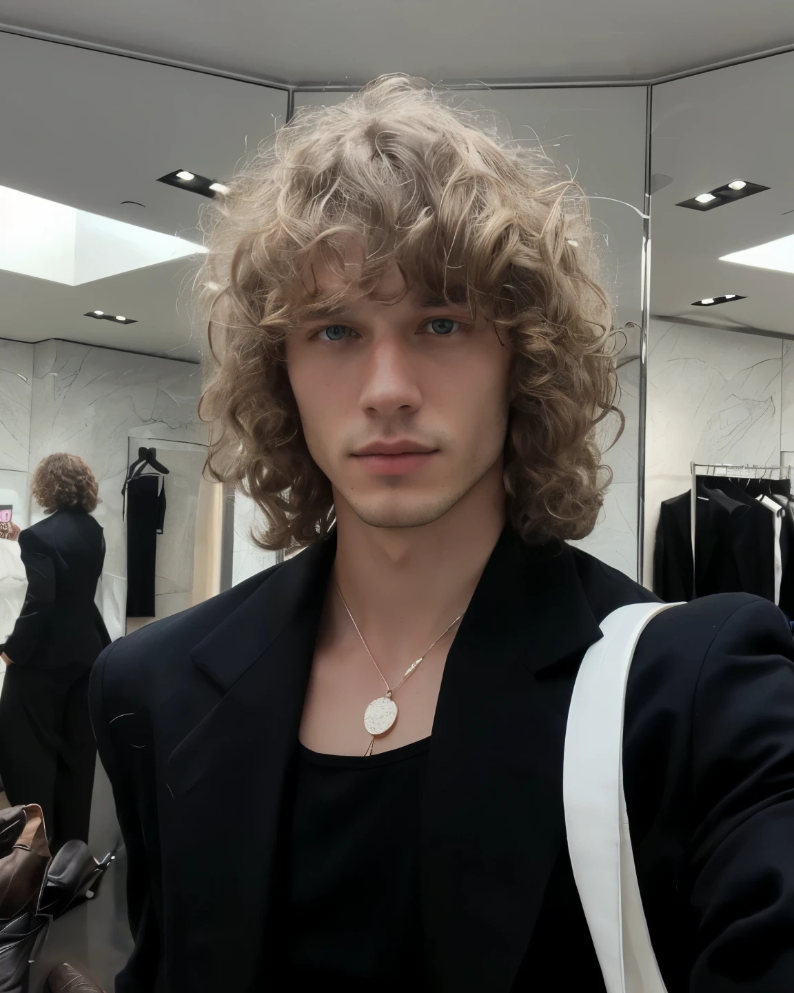 man with curly hair in a black suit and a white bag, he has short curly brown hair, pale skin curly blond hair, curly middle part haircut, with long curly hair, young handsome pale roma, curly blonde hair | d & d, male, very very curly blond hair