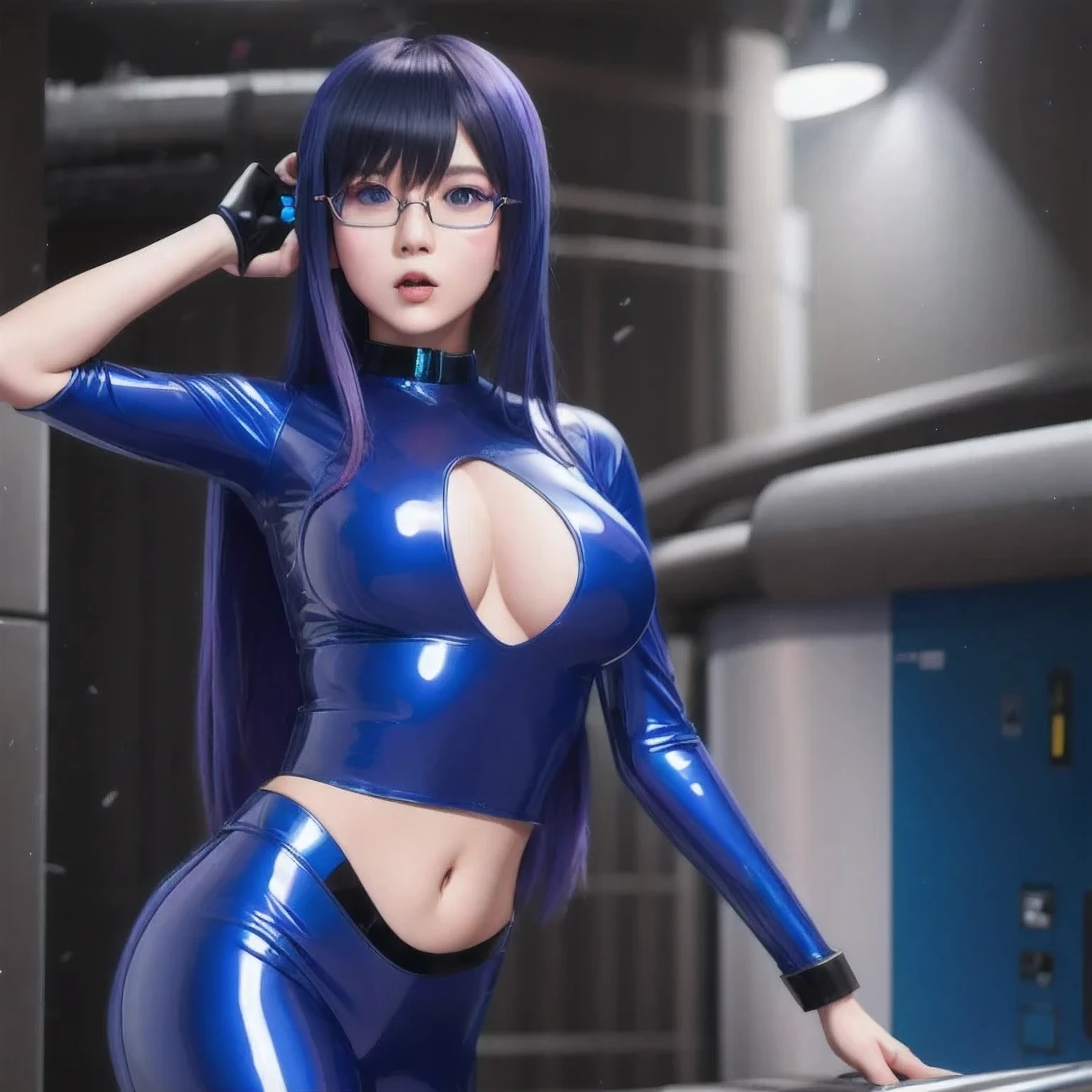 girl in a bangs blue latex outfit posing for a picture, seductive anime girl, Image Quality，photo anime, oppo masterpiece, 3 d anime realistic, 4 K, artwork in the style of bangs bluecyberpunk, , trending on cgstation, hyper realistic anime