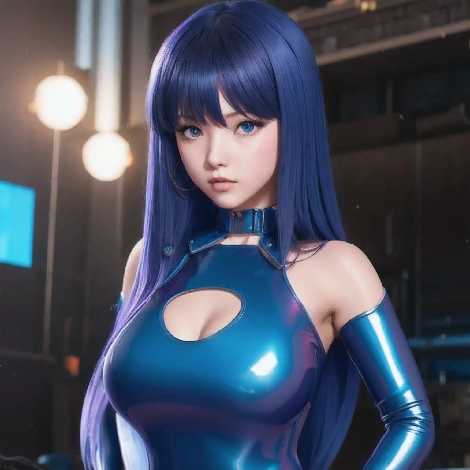 girl in a bangs blue latex outfit posing for a picture, seductive anime girl, Image Quality，photo  anime, oppo masterpiece, 3 d anime realistic, 4 K, artwork in the style of bangs bluecyberpunk, , trending on cgstation, hyper realistic anime