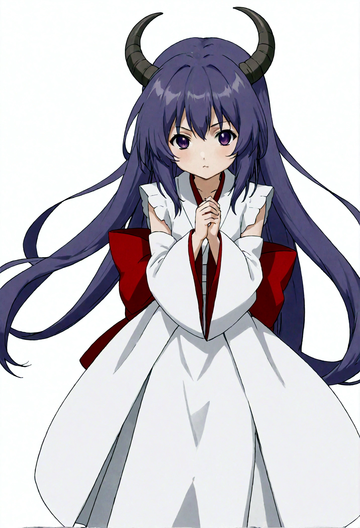 score_9, score_8_up, score_7_up, score_6_up, source_anime,BREAK , 1girl, hanyuu, solo, (tween:1.2), kawaii, ((horns)), medium breasts, purple eyes, purple hair, long hair, simple background, white background, japanese clothes, miko, skirt, hakama, hakama skirt, red detached sleeves, red hakama,v_arms,,straight-on,,anime screencap, anime coloring