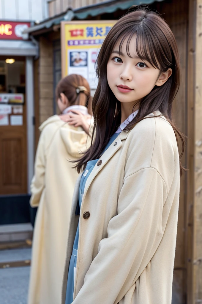 (8k, RAW Photos, highest quality, masterpiece:1.3), (Realistic, photo-Realistic:1.4), (Highly detailed 8k wallpaper), Sharp focus, Written boundary depth,
Japanese Idols,very cute, (coat:1.3),(Medium Hair: 1.3), Upper Body, Highly detailed face and eyes,((Shiny skin:1.2)), Cinema Lighting, Soft Light, Blur the background,( Old European village street in the early morning, Cobblestone Street, A bakery filled with warm light and a pleasant aroma.)