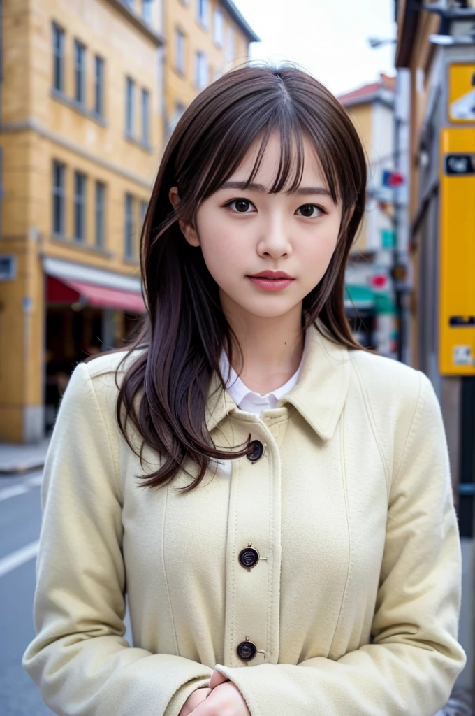 (8k, RAW Photos, highest quality, masterpiece:1.3), (Realistic, photo-Realistic:1.4), (Highly detailed 8k wallpaper), Sharp focus, Written boundary depth,
Japanese Idols,very cute, (coat:1.3),(Medium Hair: 1.3), Upper Body, Highly detailed face and eyes,((Shiny skin:1.2)), Cinema Lighting, Soft Light, Blur the background,( Old European village street in the early morning, Cobblestone Street, A bakery filled with warm light and a pleasant aroma.)