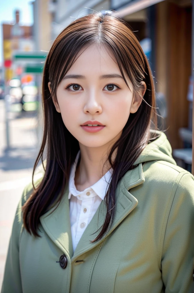  (8k, RAW Photos, highest quality, masterpiece:1.3), (Realistic, photo-Realistic:1.4), (Highly detailed 8k wallpaper), Sharp focus, Written boundary depth,
 Japanese Idols,very cute, (coat:1.3),(Medium Hair: 1.3), Upper Body, Highly detailed face and eyes,((Shiny skin:1.2)), Cinema Lighting, Soft Light, Blur the background,( Old European village street in the early morning, Cobblestone Street, A bakery filled with warm light and a pleasant aroma.)