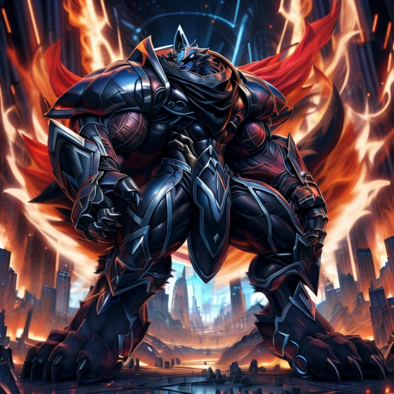 (masterpiece. official art. 8k. best quality. detailed full body. full body.)
(situation 1 : dominating LUCARIO. LUCARIO is over 1000 meters long. focus GIANT mechanical Muscular LUCARIO is trampling the city. Looking down. macro. stomp. Low-angle perspective. emphasizing the immense size.)
(situation 2 :smoke and flames rising from the destruction in the city)
(Additional details 1: wearing a full-face helmet. high-tech bio-mecha armor. real texture material. whole body shines like metal. Wearing cyberpunk mecha. emphasizes the muscles. suit fully made of metal. intricate armor. Robotic suit. suit fully made of metal. cyborg. Powered exoskeleton with the same design as LUCARIO).
(Additional details 2: (Detailed head. Detailed Body. Detailed abs. gigantic muscles. HYPER MUSCLES. Gigachad Muscular. big muscle. pecs. triceps. traps. unusually developed muscular body. body full of huge muscles. showing off muscles. pectorales enormes. Exaggeratedly huge muscles. huge muscles. long legs.).
(Additional details 3: He wears a long black cloak.The claws are sharp. Sharp teeth. 5 toes.).
(Additional details 4: black color hyper penis. hyper black penis. big penis)