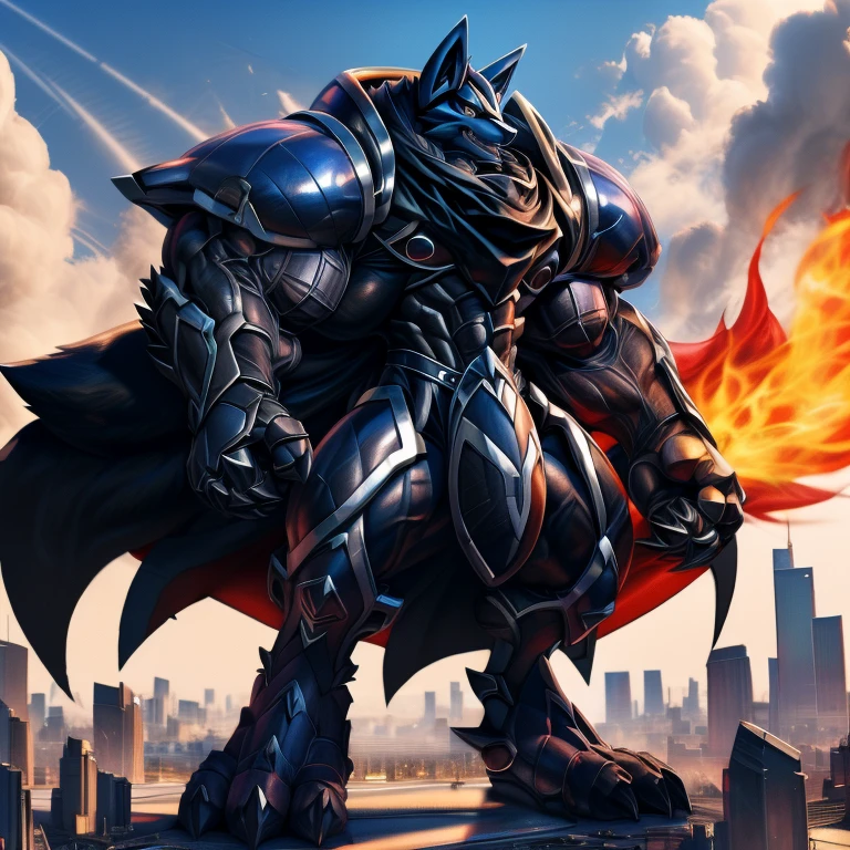 (masterpiece. official art. 8k. best quality. detailed full body. full body.)

(situation 1 : dominating LUCARIO. LUCARIO is over 1000 meters long. focus GIANT mechanical Muscular LUCARIO is trampling the city. Looking down. macro. stomp. Low-angle perspective. emphasizing the immense size.)

(situation 2 :smoke and flames rising from the destruction in the city)

(Additional details 1: wearing a full-face helmet. high-tech bio-mecha armor. real texture material. whole body shines like metal. Wearing cyberpunk mecha. emphasizes the muscles. suit fully made of metal. intricate armor. Robotic suit. suit fully made of metal. cyborg. Powered exoskeleton with the same design as LUCARIO).

(Additional details 2: (Detailed head. Detailed Body. Detailed abs. gigantic muscles. HYPER MUSCLES. Gigachad Muscular. big muscle. pecs. triceps. traps. unusually developed muscular body. body full of huge muscles. showing off muscles. pectorales enormes. Exaggeratedly huge muscles. huge muscles. long legs.).

(Additional details 3: He wears a long black cloak.The claws are sharp. Sharp teeth. 5 toes.).

(Additional details 4: black color hyper penis. hyper black penis. big penis)