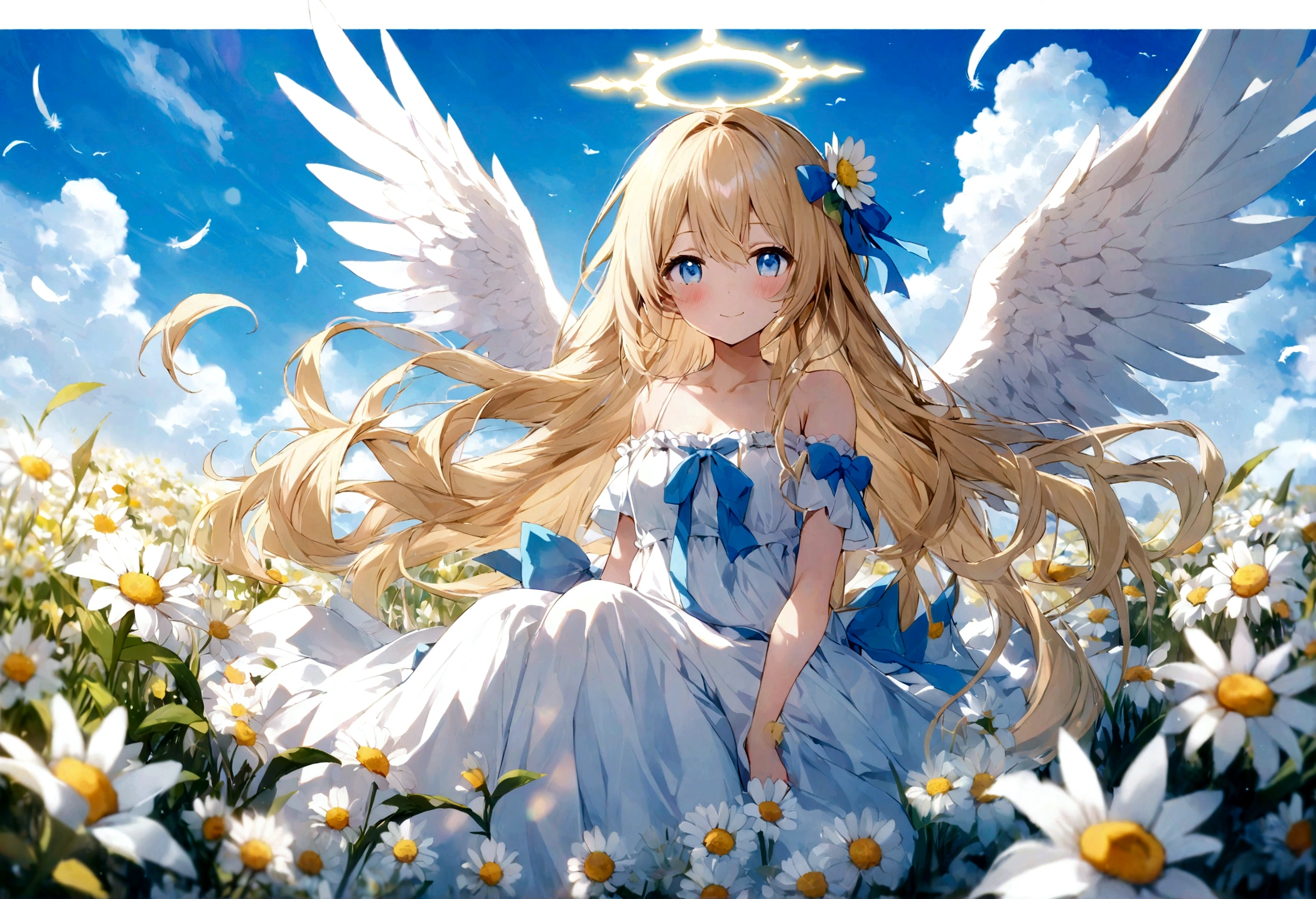 flower, wings, rating:safe, angel_wings, feathered_wings, white_flower, angel, white_wings, 1girl, dress, halo, long_hair, barefoot, white_dress, solo, blue_eyes, daisy, day, sky, very_long_hair, blush, blonde_hair, lily_(flower), feathers, white_feathers, looking_at_viewer, cloud, sitting, blue_sky, breasts, bare_shoulders, bangs, hair_between_eyes, outdoors, eyebrows_visible_through_hair, bow, closed_mouth, yellow_flower, small_breasts, flower_field, collarbone, field, full_body, blue_bow, blurry, off-shoulder_dress, depth_of_field, long_dress, blurry_foreground, floating_hair, cloudy_sky, smile, ribbon, lens_flare