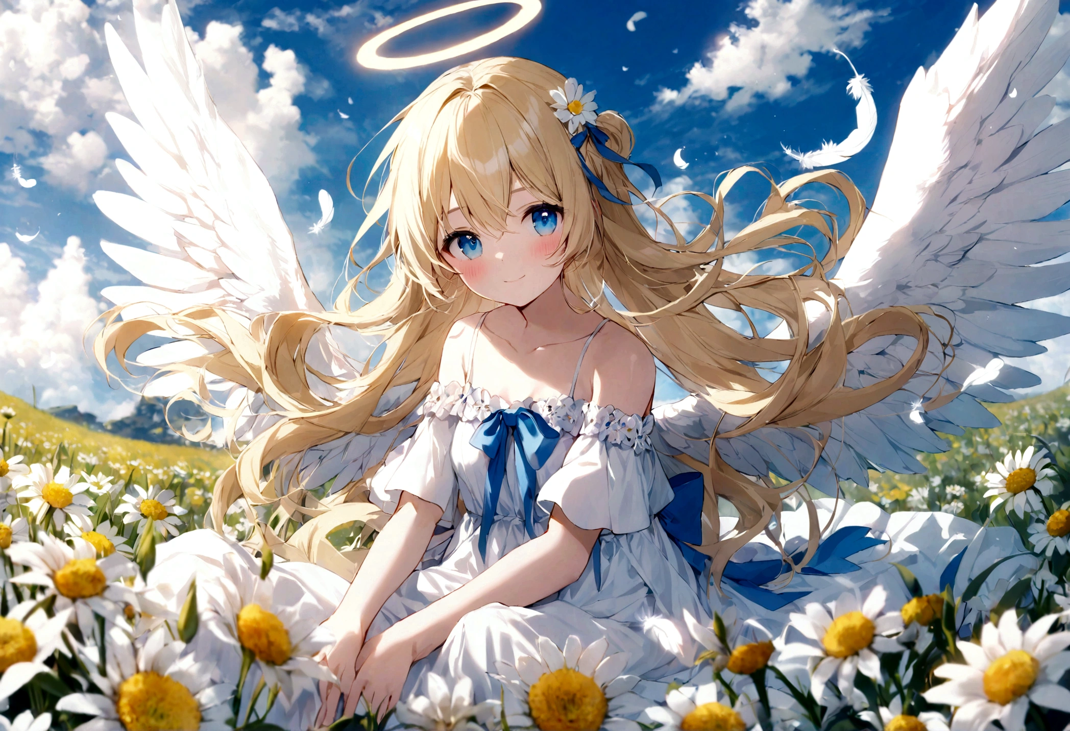 flower, wings, rating:safe, angel_wings, feathered_wings, white_flower, angel, white_wings, 1girl, dress, halo, long_hair, barefoot, white_dress, solo, blue_eyes, daisy, day, sky, very_long_hair, blush, blonde_hair, lily_(flower), feathers, white_feathers, looking_at_viewer, cloud, sitting, blue_sky, breasts, bare_shoulders, bangs, hair_between_eyes, outdoors, eyebrows_visible_through_hair, bow, closed_mouth, yellow_flower, small_breasts, flower_field, collarbone, field, full_body, blue_bow, blurry, off-shoulder_dress, depth_of_field, long_dress, blurry_foreground, floating_hair, cloudy_sky, smile, ribbon, lens_flare