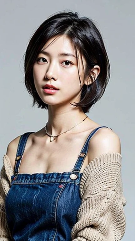 (top-quality、8K、32K、​masterpiece)、Photo of a cute Japanese woman、large full breasts、very short bobbed hair、The upper part of the body、sface focus、Oversized_Sweaters、a necklace、simple background、From  above、looking at the viewers、Full body shooting、Denim houlders look loose、beauty legs、ultra-sexy、ren