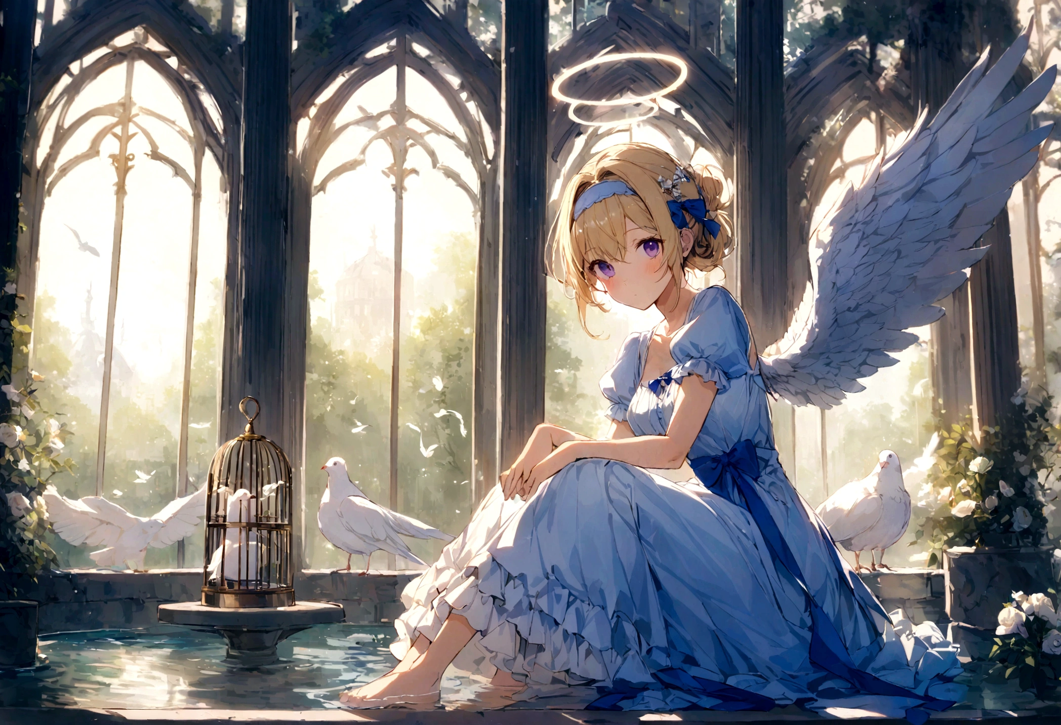 slender, mature female,feathers, rating:safe, white_feathers, feathered_wings, 1girl, white_wings, short hair, hair up, tied hair,, angel_wings, halo, wings, angel, solo, dress, sitting, dove, blonde_hair, purple_eyes, eyebrows_visible_through_hair, water, bangs, bow, looking_at_viewer, closed_mouth, hair_between_eyes, short_sleeves, hair_intakes, day, blush, flower, barefoot, frills, breasts, hairband, puffy_short_sleeves, indoors, full_body, blue_bow, white_dress, soaking_feet, animal, outdoors, hair_bow, birdcage, cage, blue_dress, small_breasts, hair_ornament, backlighting, puffy_sleeves, frilled_dress, sunlight, reflection, sky, fountain, white_flower, sunbeam, waterfall