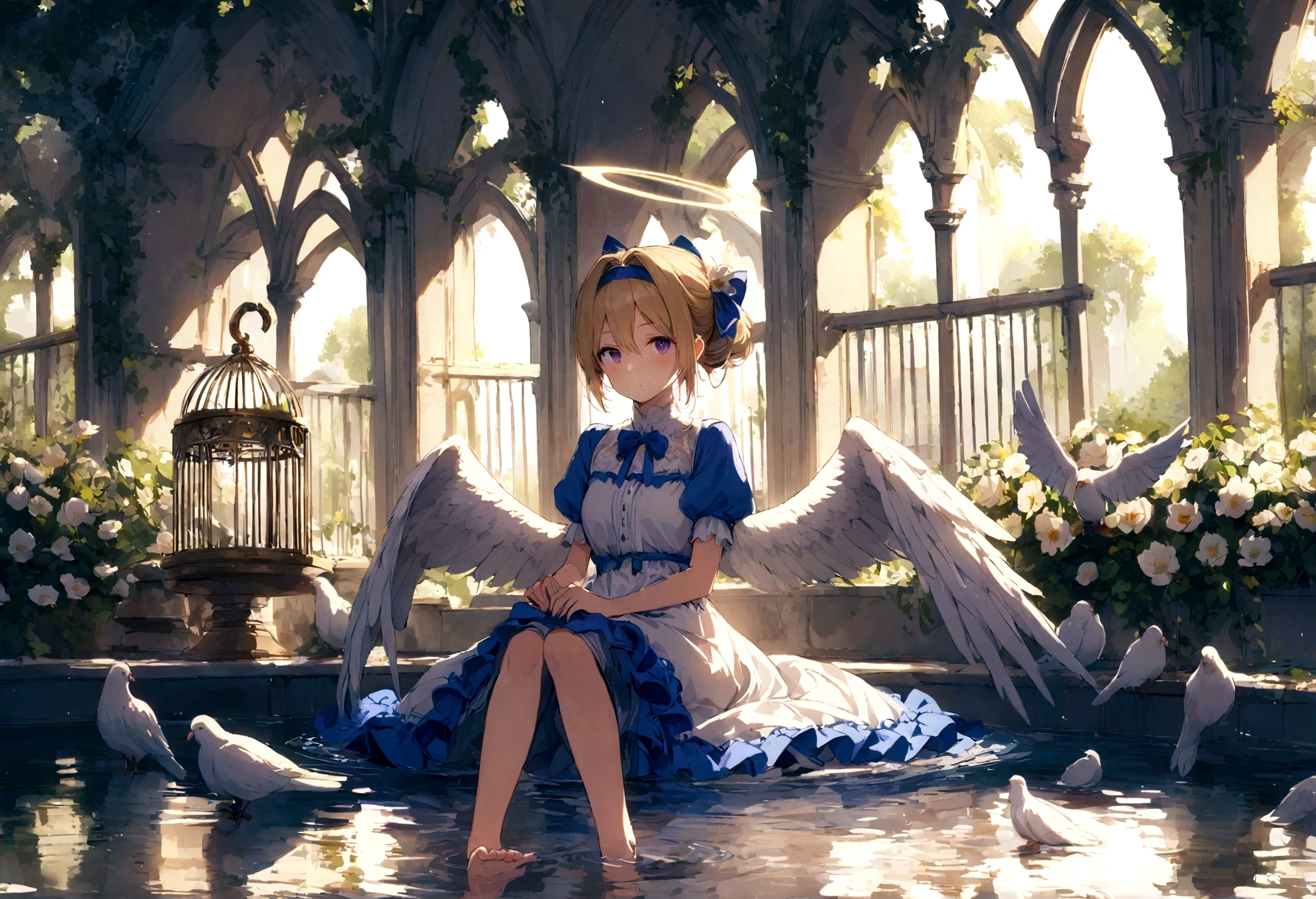 slender, mature female,feathers, rating:safe, white_feathers, feathered_wings, 1girl, white_wings, short hair, hair up, tied hair,, angel_wings, halo, wings, angel, solo, dress, sitting, dove, blonde_hair, purple_eyes, eyebrows_visible_through_hair, water, bangs, bow, looking_at_viewer, closed_mouth, hair_between_eyes, short_sleeves, hair_intakes, day, blush, flower, barefoot, frills, , hairband, puffy_short_sleeves, indoors, full_body, blue_bow, white_dress, soaking_feet, animal, outdoors, hair_bow, birdcage, cage, blue_dress, small_breasts, hair_ornament, backlighting, puffy_sleeves, frilled_dress, sunlight, reflection, sky, fountain, white_flower, sunbeam, waterfall