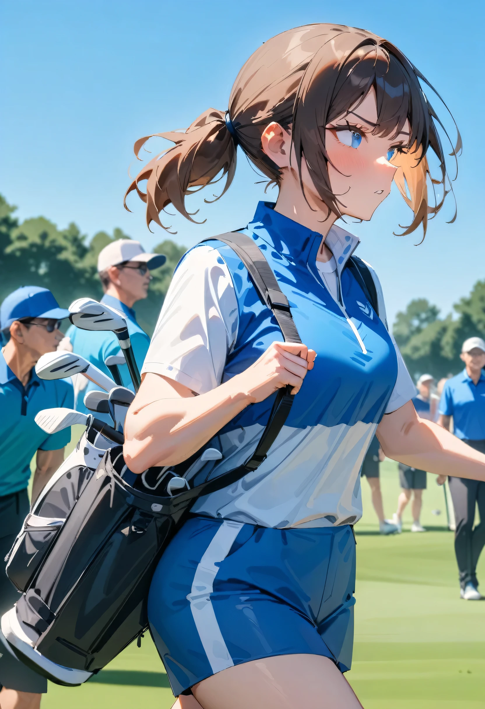 masterpiece, best quality, very aesthetic, absurdres, newest, 1girl, solo, young adult, brown hair, ponytail, medium length hair, blue eyes, looking forward,carrying golf bag, (golf bag) , determined expression, sporty outfit, golf course, sunny day, clear sky, walking , cowboy shot, surrounded by spectators, outdoor