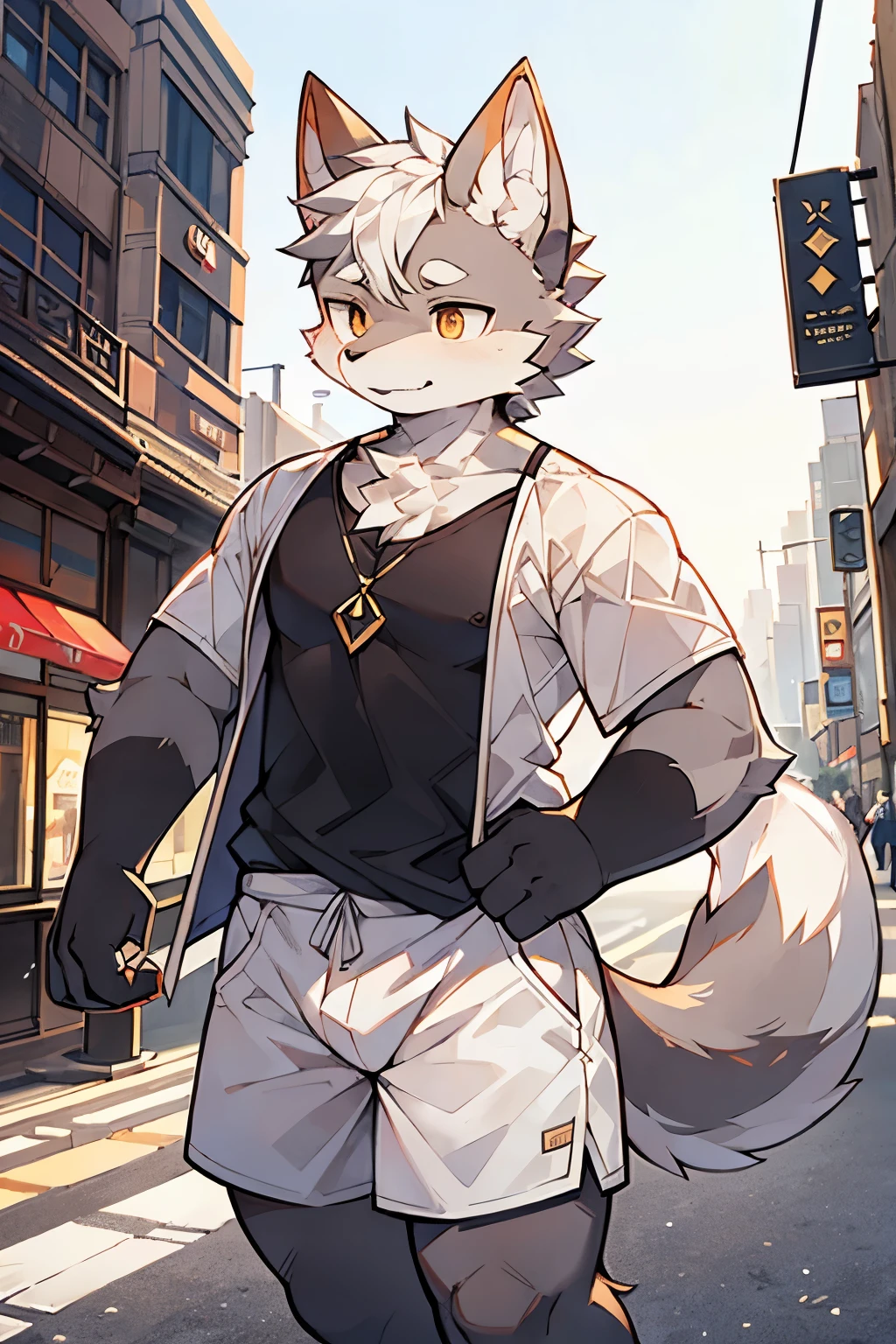 Exquisite lines，best quality。male，Gray wolf orcs，White short sleeve，White shorts，Golden pupils，Background City，Bustling streets，daytime