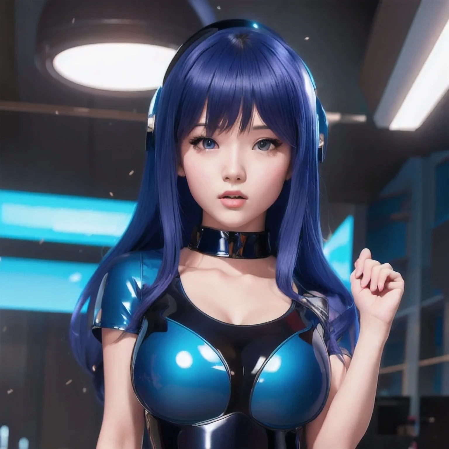 girl in a bangs blue latex outfit posing for a picture, seductive anime girl, Image Quality，photo  anime, oppo masterpiece, 3 d anime realistic, 4 K, artwork in the style of bangs bluecyberpunk, , trending on cgstation, hyper realistic anime