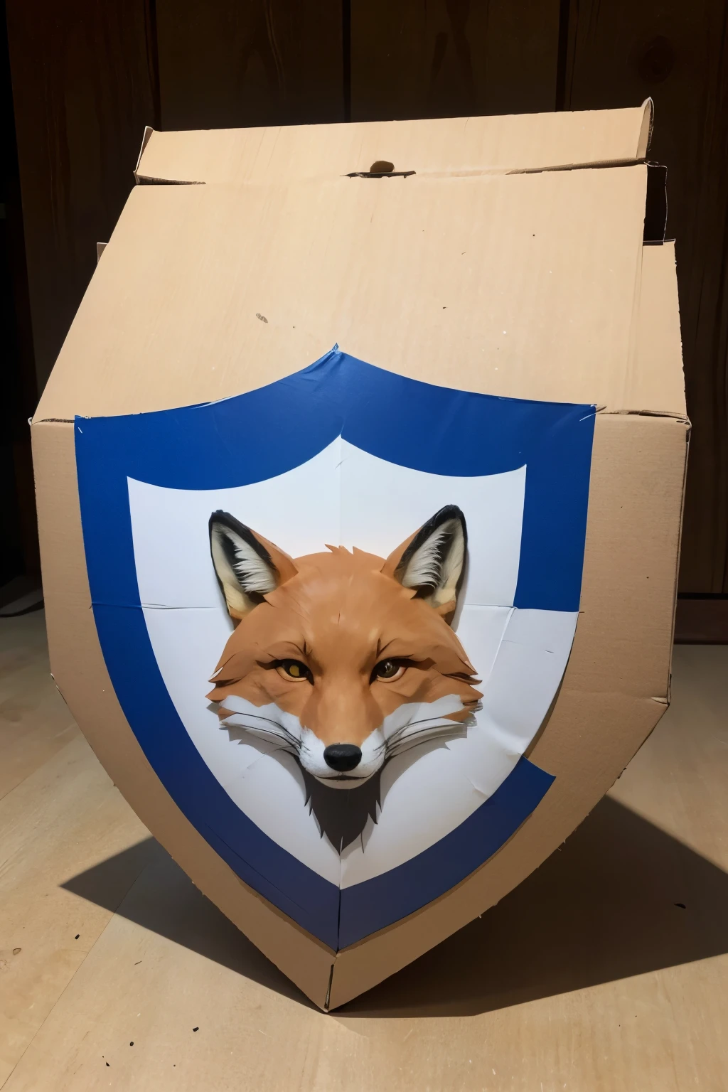 Shield of a football club whose mascot is a fox, make the shield in cardboard style