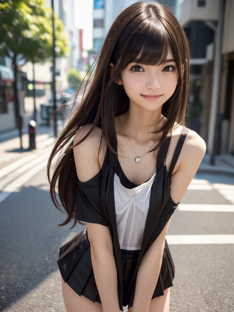(8k, RAW Photos, highest quality, masterpiece:1.2), (Realistic, photo-Realistic:1.4), (Highly detailed 8k wallpaper), ((Full Body Shot)), (1 girl), Sharp focus, Depth of written boundary, Cinematic lighting, Soft Light, 緻密な美しさのeye, eye_Chan, Very beautiful 17 year old girl, innocent big eyes, Realistic, photo Realistic, Highly detailed cute girl, (Thin thighs), (Model Body Type), 18-year-old, (Casual tank top), (Black leather micro mini pleated skirt), (((Fold your arms in front of your chest and act arrogantly))), ((A happy smile)), Parted lips, Watching the audience, (On the streets of Tokyo) , (Brown Hair),(Long Bob Hair), (Asymmetrical bangs)