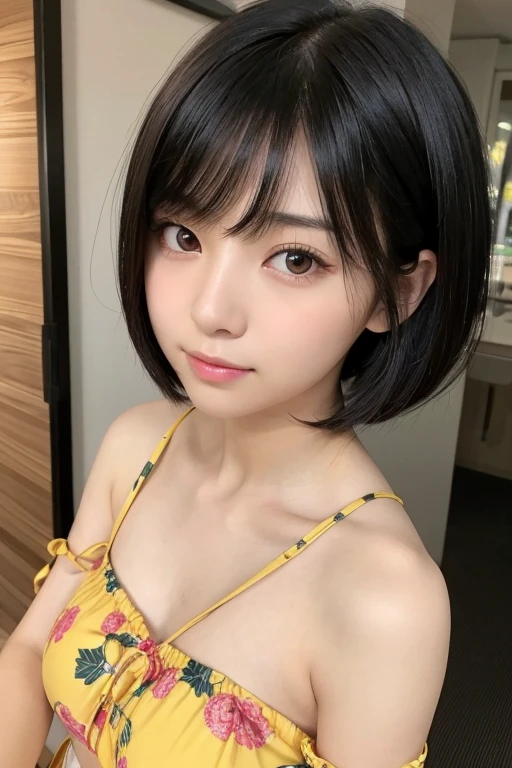 (Photos taken with a smartphone, Real), Japanese, (One Girl), Beautiful Face, (A vivid face), (Black-haired、short hair:1.3), Beautiful Hairstyles, Realな目, Beautifully detailed eyes, (Realistic Skin), Beautiful skins, attractive, Surreal, High detail, Golden Ratio, Highly detailed cute girl,(20-year-old), Please lift up your clothes and show your stomach