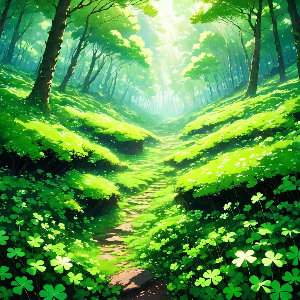 Four-leaf clover,Clover field,in the forest,Secret places,heaven,beautiful Anime Scenery, Landscape painting, Beautiful digital painting, Andreas Rocha, Beautiful artwork illustration, Awesome Wallpapers, Raymond Han, Tall beautiful paintings, Studio Greeble Makoto Shinkai, Beautiful Wallpapers, Anime Scenery