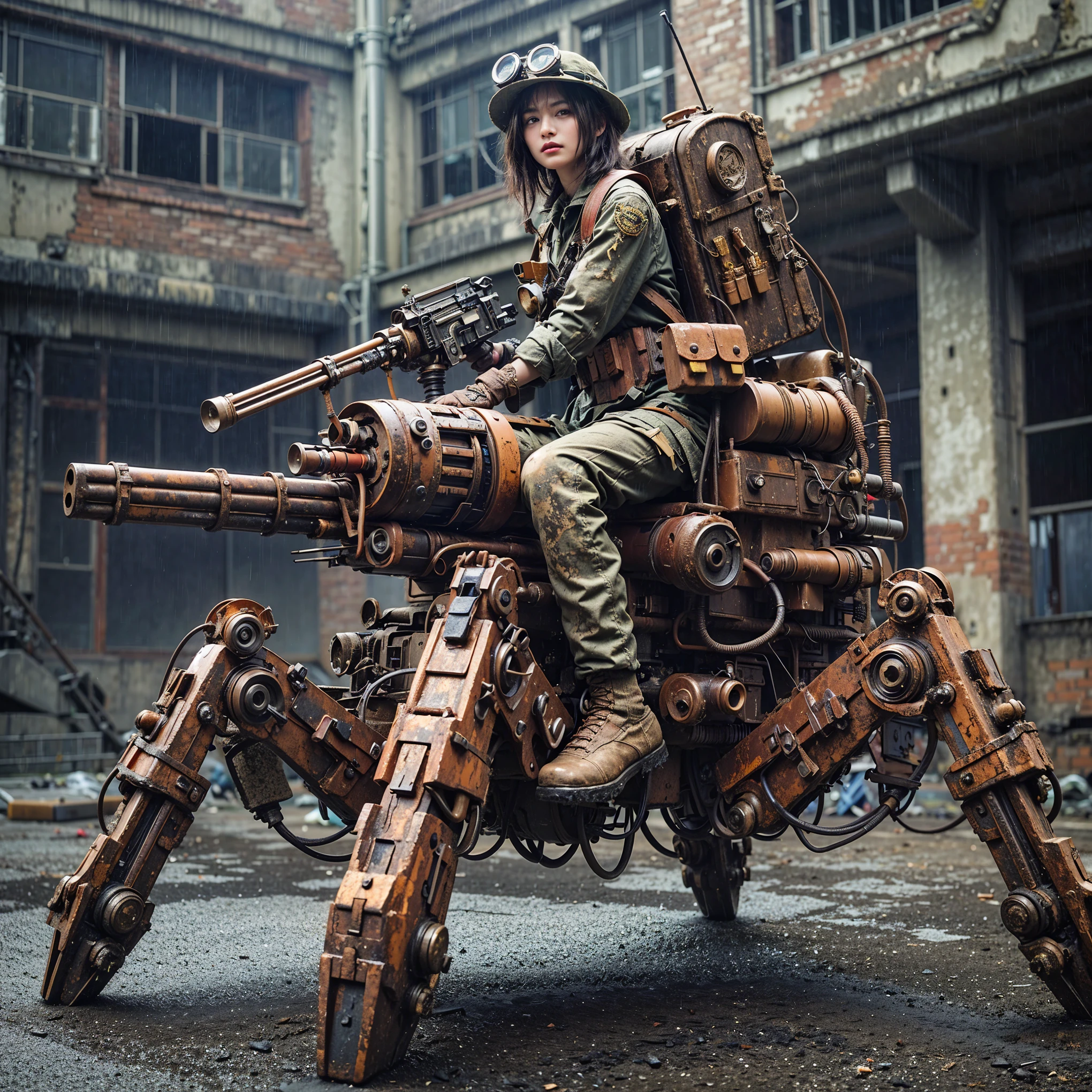 ((super intricate all details)),((super realistic all textures)),Overall photo of a female soldier sitting on a piece of fictional WWII Japanese military type weapon, beautiful face, dirty clothes, very intricate details, olive drab paint, peeling paint, weathering, rust, taken with Fuji film X-T30+Nokton. HDR10