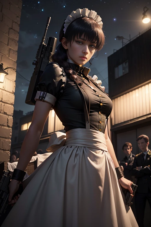 (highest quality、Ultra-high resolution、masterpiece、8K)、((Realistic、Ultra-realistic、Realistic)), anime「Black Lagoon」Roberta in a maid outfit, 1 girl 、Full Body Portrait、Very beautiful woman、Slender、Slim Waist、Sharp long legs、sniper rifle, gun at you ,Aiming at the audience, holding a gun, (realistic and detailed gun) 、(Maid clothes)、Sharp Eyes、Hated、Murderous expression、(Delicate face、Detailed eyes and face、double eyelid、Red lips)、Night view of an empty city、Starry Sky、Wind、moon、Professional Lighting
