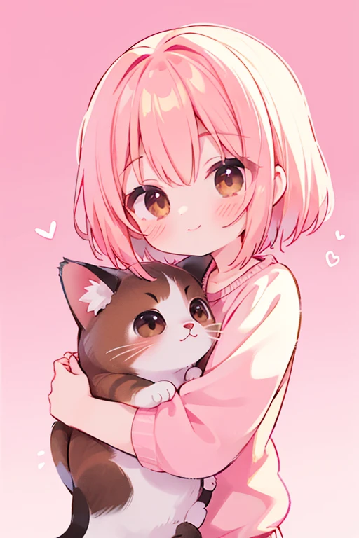 Vibrant colors, Soft lighting, Anime Style, beautiful, fine grain, Peach pink hair girl, Brown eyes, A kind smile, Positional Lighting,Casual clothing, Blushing, Shiny, Shiny Hair, Hug a cat, beautiful background,