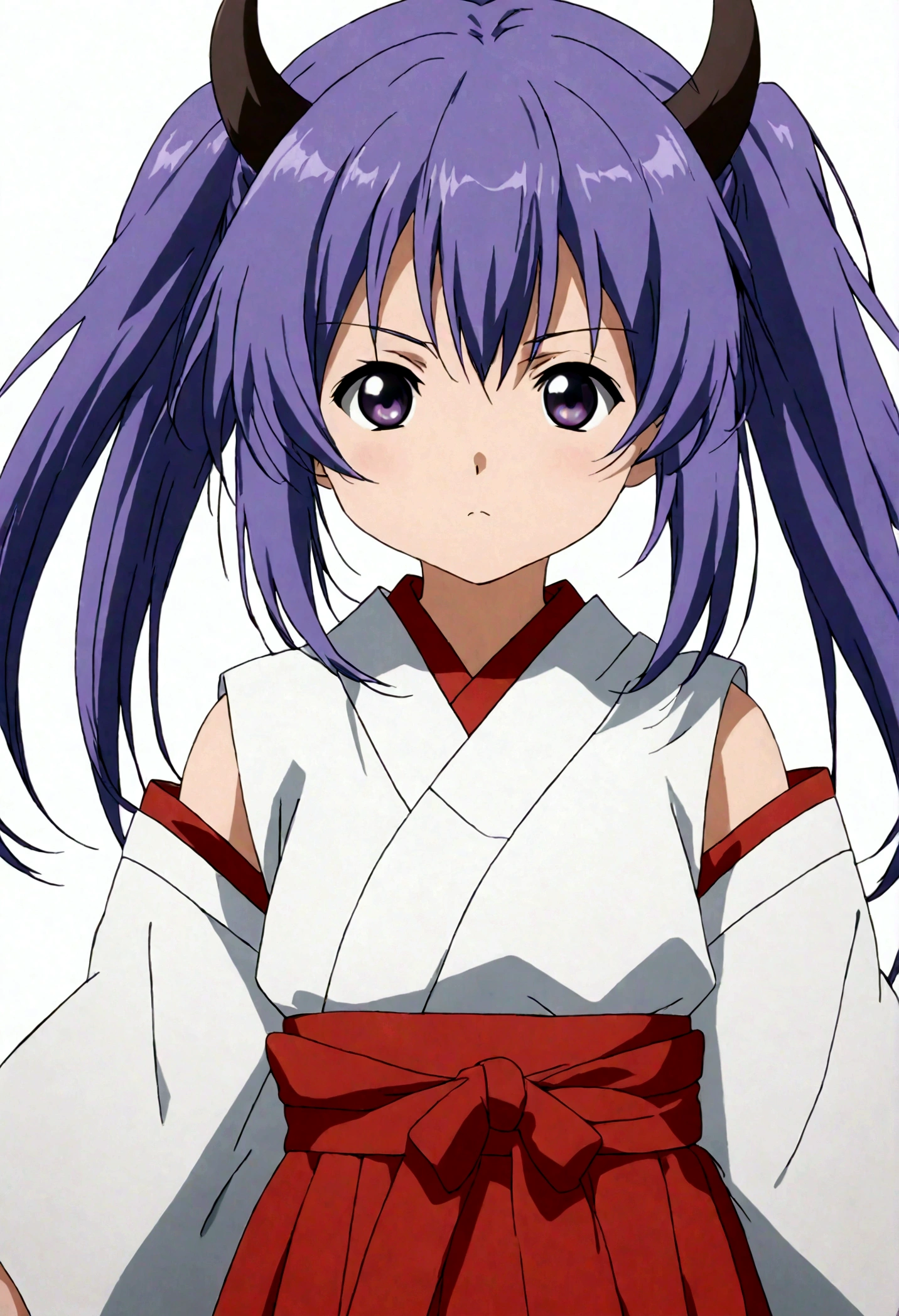 score_9, score_8_up, score_7_up, score_6_up, source_anime,BREAK , 1girl, hanyuu, solo, (tween:1.2), kawaii, ((horns)), medium breasts, purple eyes, purple hair, long hair, simple background, white background, japanese clothes, miko, skirt, hakama, hakama skirt, red detached sleeves, red hakama,v_arms,,straight-on,,anime screencap, anime coloring