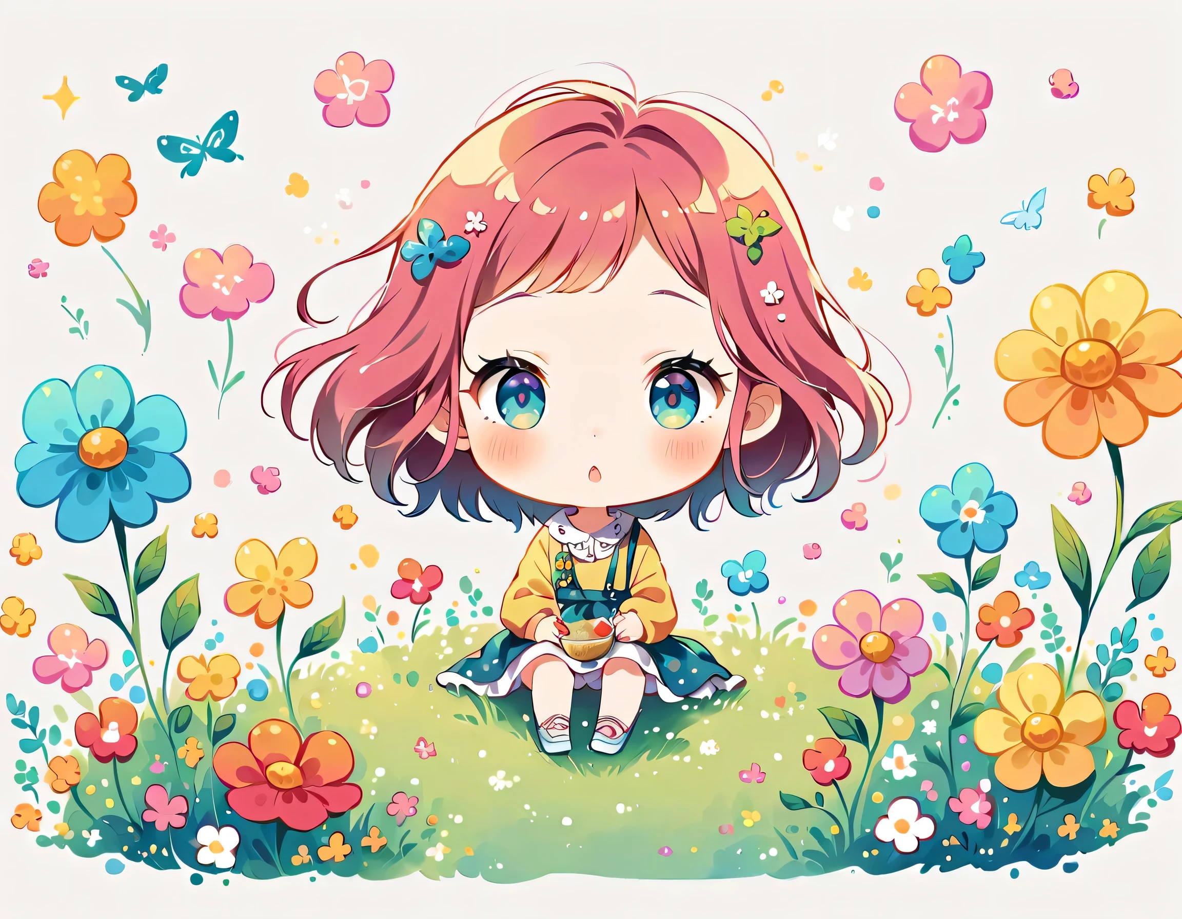 Hayao Miyazaki style, kawaii design,Dreams and Hopes,Simple Line Initialism,Abstract art,Urban Background, (((The most beautiful girl))), (((chibi))), picnic, colorful flowers, Colorful and cute pillbugs, dream and hoops
