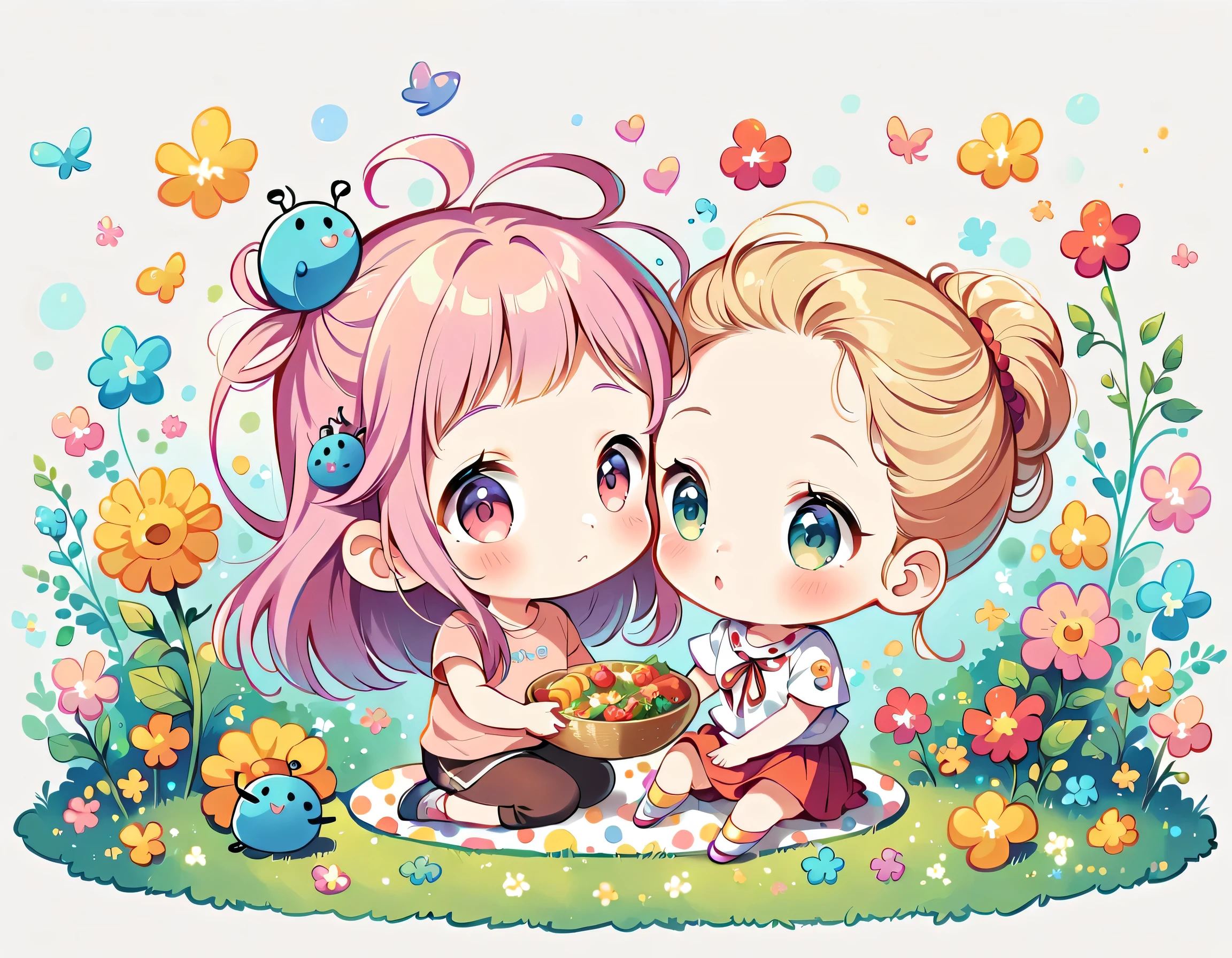 Hayao Miyazaki style, kawaii design，Dreams and Hopes，Simple Line Initialism，Abstract art，Urban Background, (((The most beautiful girl))), (((chibi))), picnic, colorful flowers, Colorful and cute pillbugs, dream and hoops