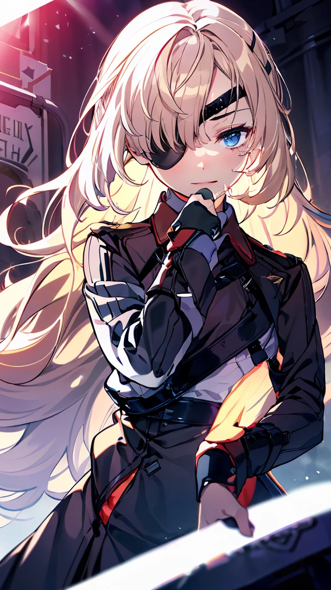 Guillotine Nickel,Tag Roller,Stylish pose,Blonde Hair,Long Hair,(Eye patch,right eye),skinny,Flat Chest,masterpiece,Noise Reduction,Perfect Anatomy,High resolution, Super detailed,Game CG,Dutch Angle ,Beautiful fine details,Visual Arts,Five Fingers, Perfect hands, Perfect lighting,