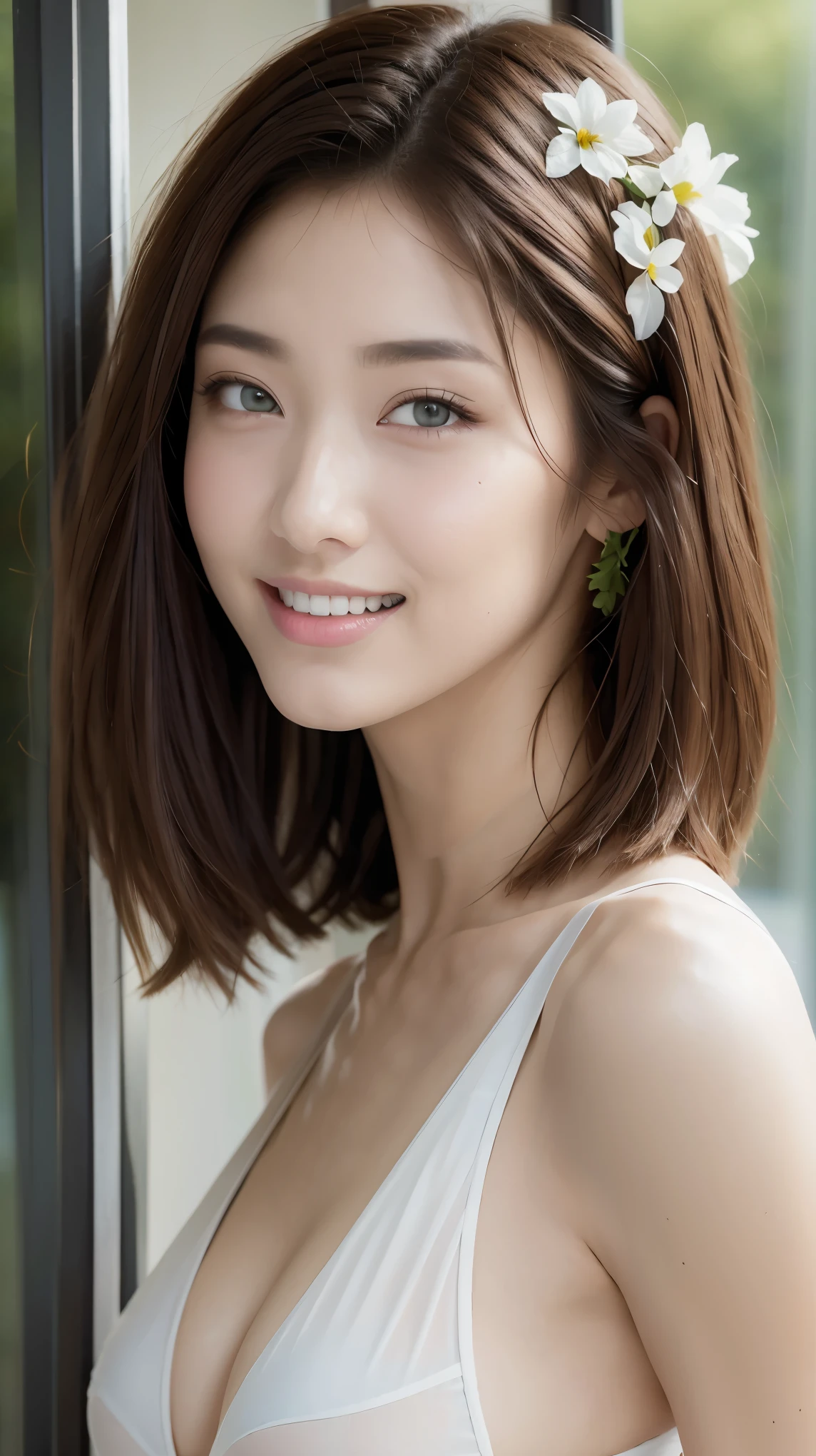 Fashion model 20 years old [[[[close up]]]], [[[[neck]]]], [[[[Shoulder]]]], Perfect eyes, Perfect iris，Perfect lips，Perfect Teeth，Perfect skin，White skin，High-density imaging，Black long hair，（The face is clear and delicate），((Casual wear))，((Smile))，((The background is indoors))，((There are green trees and flowers outside the window))，best quality，masterpiece，（Soft colors：1.2