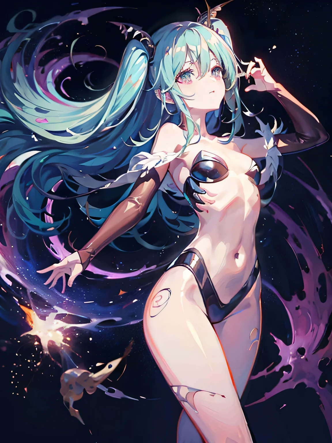 Hatsume miku x suicune ,ojos hermosos ((alta definicion)), fenix girl,art by dark natasha, jardin zen, art by dark natasha, art by vixen aztra, cuerpo completo, ventido de demonio, alas de diablo, cintura delgado, caderas amploas, piernas torneadas, hermosa, HD face, cosmic space, sensual clothes