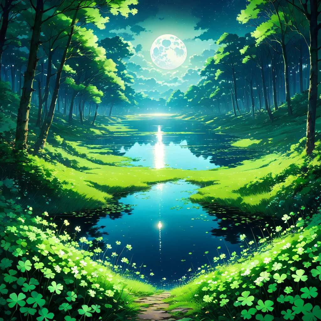night,Four-leaf clover,Clover field,in the forest,full moon,lake,Secret places,heaven,beautiful Anime Scenery, Landscape painting, Beautiful digital painting, Andreas Rocha, Beautiful artwork illustration, Awesome Wallpapers, Raymond Han, Tall beautiful paintings, Studio Greeble Makoto Shinkai, Beautiful Wallpapers, Anime Scenery