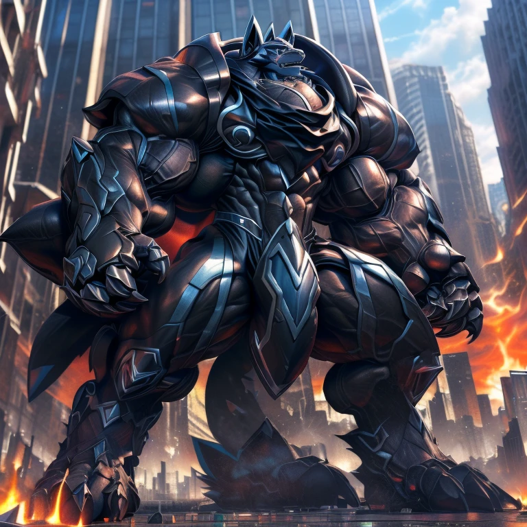 (masterpiece. official art. 8k. best quality. detailed full body. full body.)

(situation 1 : dominating LUCARIO. LUCARIO is over 1000 meters long. focus GIANT mechanical Muscular LUCARIO is trampling the city. Looking down. macro. stomp. Low-angle perspective. emphasizing the immense size.)

(situation 2 :smoke and flames rising from the destruction in the city)

(Additional details 1: wearing a full-face helmet. high-tech bio-mecha armor. real texture material. whole body shines like metal. Wearing cyberpunk mecha. emphasizes the muscles. suit fully made of metal. intricate armor. Robotic suit. suit fully made of metal. cyborg. Powered exoskeleton with the same design as LUCARIO).

(Additional details 2: (Detailed head. Detailed Body. Detailed abs. gigantic muscles. HYPER MUSCLES. Gigachad Muscular. big muscle. pecs. triceps. traps. unusually developed muscular body. body full of huge muscles. showing off muscles. pectorales enormes. Exaggeratedly huge muscles. huge muscles. long legs.).

(Additional details 3: He wears a long black cloak.The claws are sharp. Sharp teeth. 5 toes.).

(Additional details 4: black color hyper penis. hyper black penis. big penis)