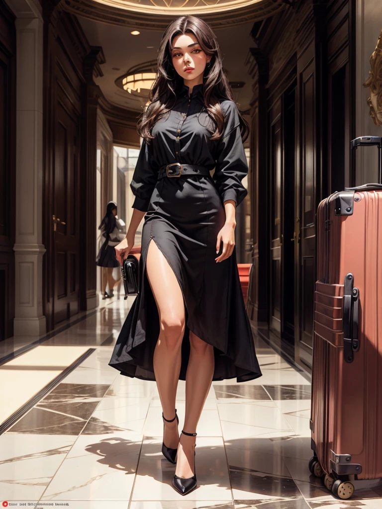 An incredibly beautiful young fatal brunette with long black straight hair, in a light summer red dress, purple eyes, high-heeled shoes, next to her a large suitcase on wheels, in her hands a small purse. She's standing in the lobby of the hotel. Masterpiece, beautiful face, beautiful facial features, perfect image, realistic photos, full-length image, 8k, detailed image, extremely detailed illustration, a real masterpiece of the highest quality, with careful drawing. In full growth.